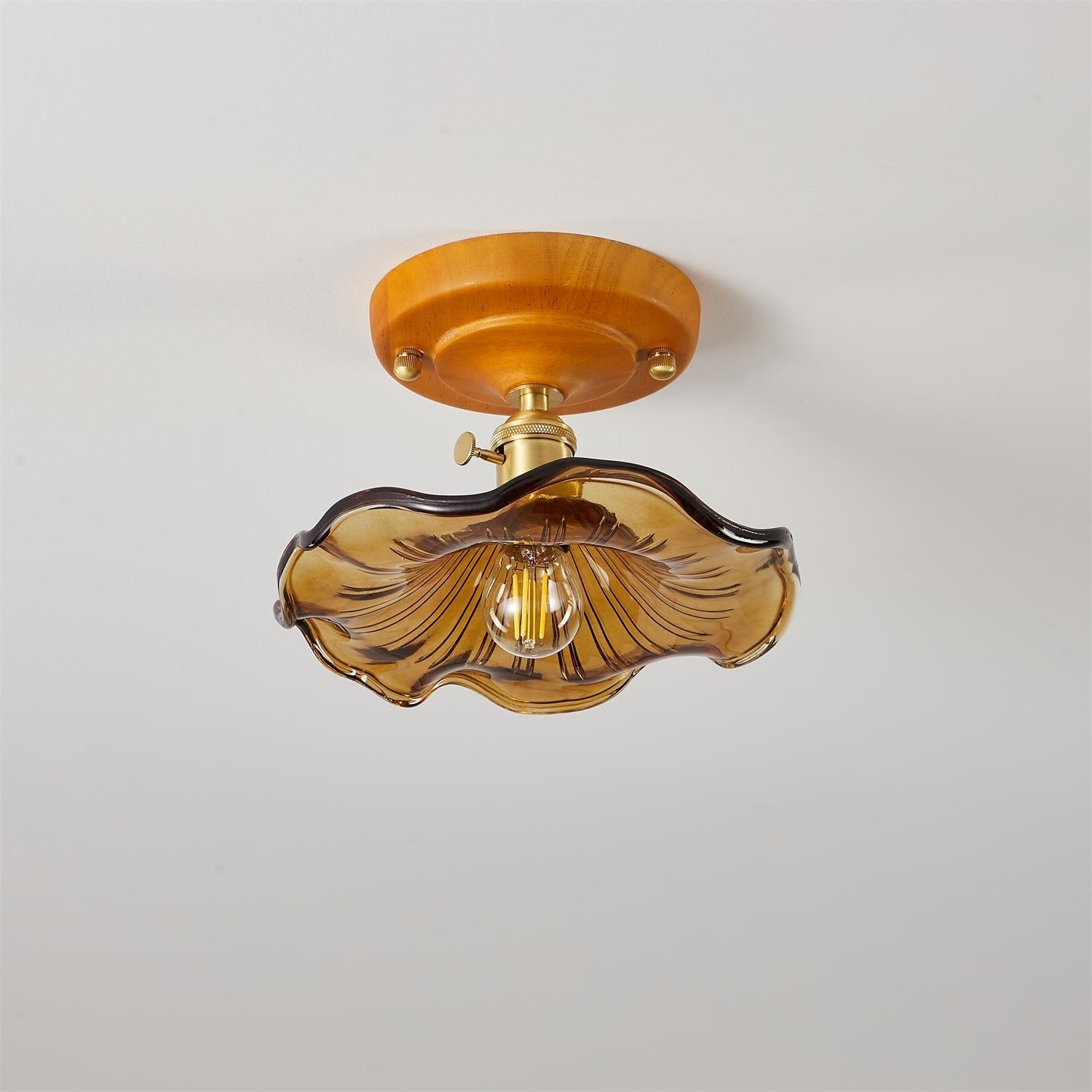 Ceiling Light Wood Canopy Brass & Glass Shade Vintage Floral Farmhouse