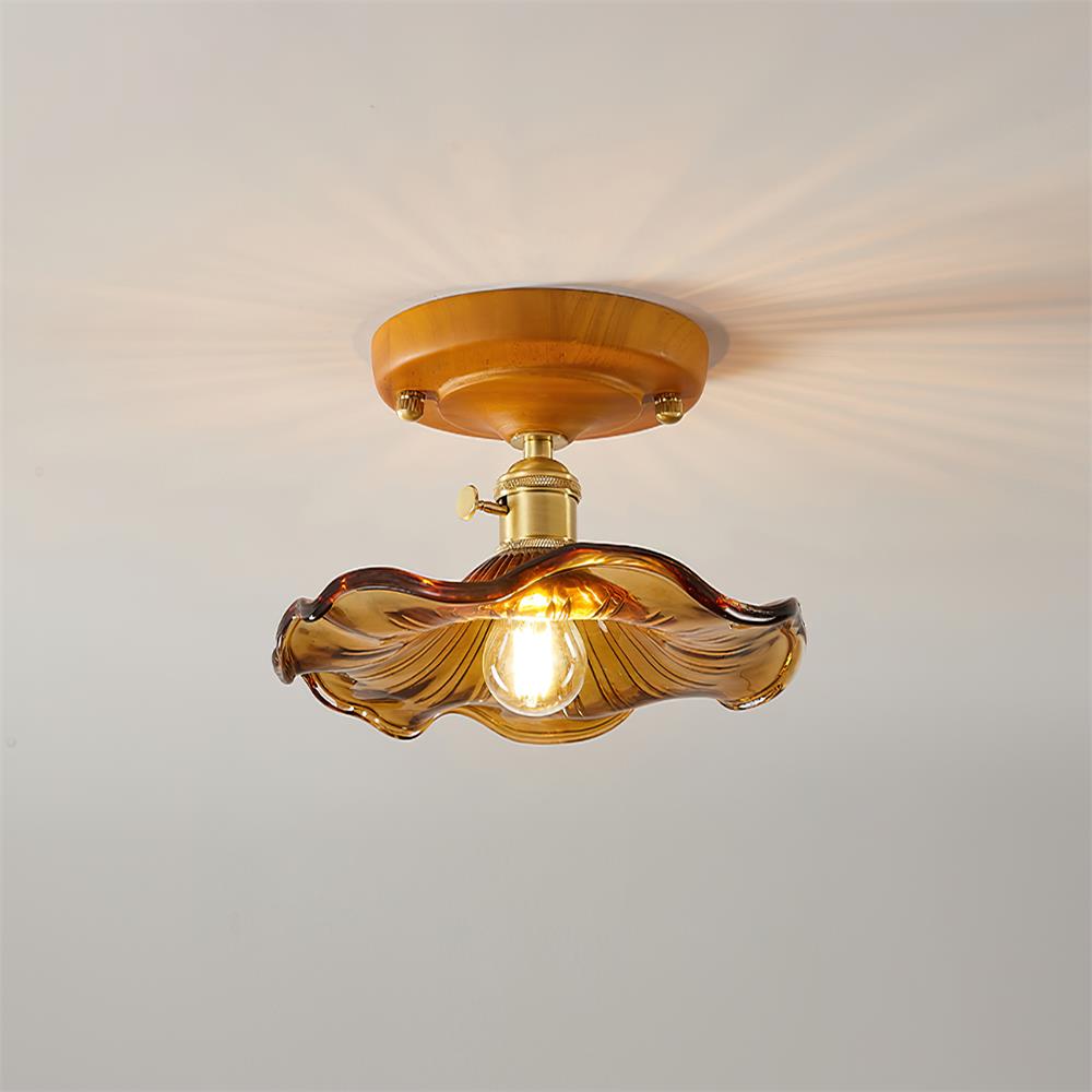 Ceiling Light Wood Canopy Brass & Glass Shade Vintage Floral Farmhouse