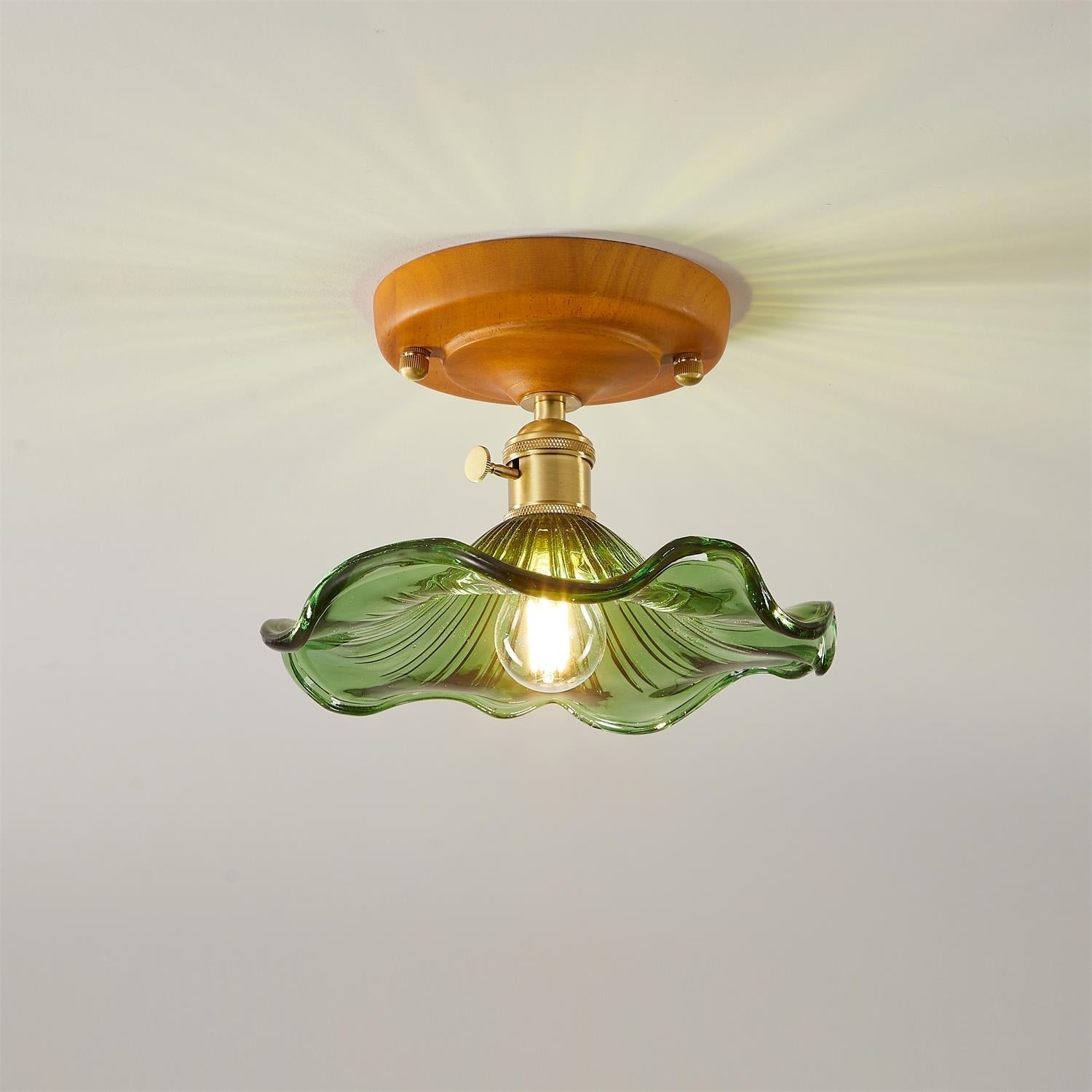 Ceiling Light Wood Canopy Brass & Glass Shade Vintage Floral Farmhouse