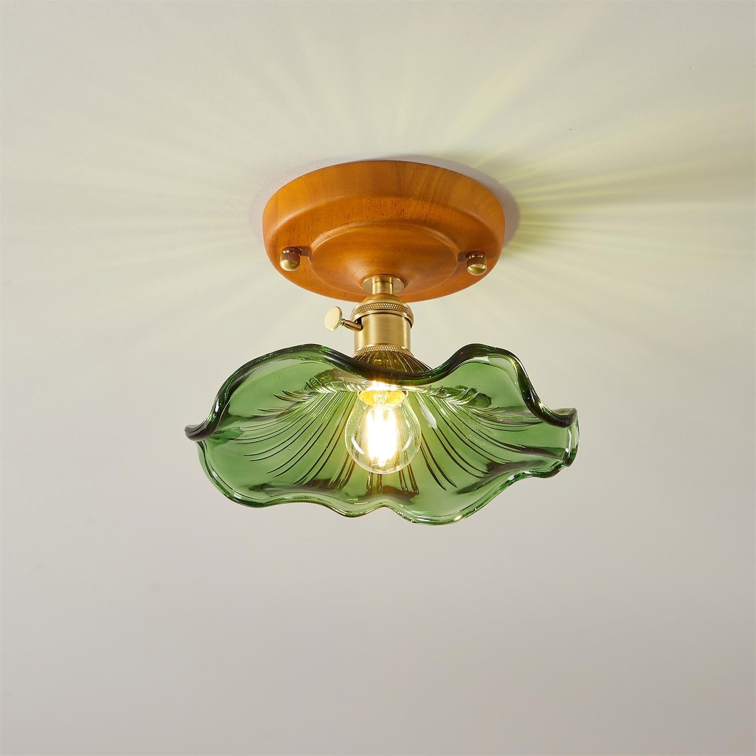 Ceiling Light Wood Canopy Brass & Glass Shade Vintage Floral Farmhouse