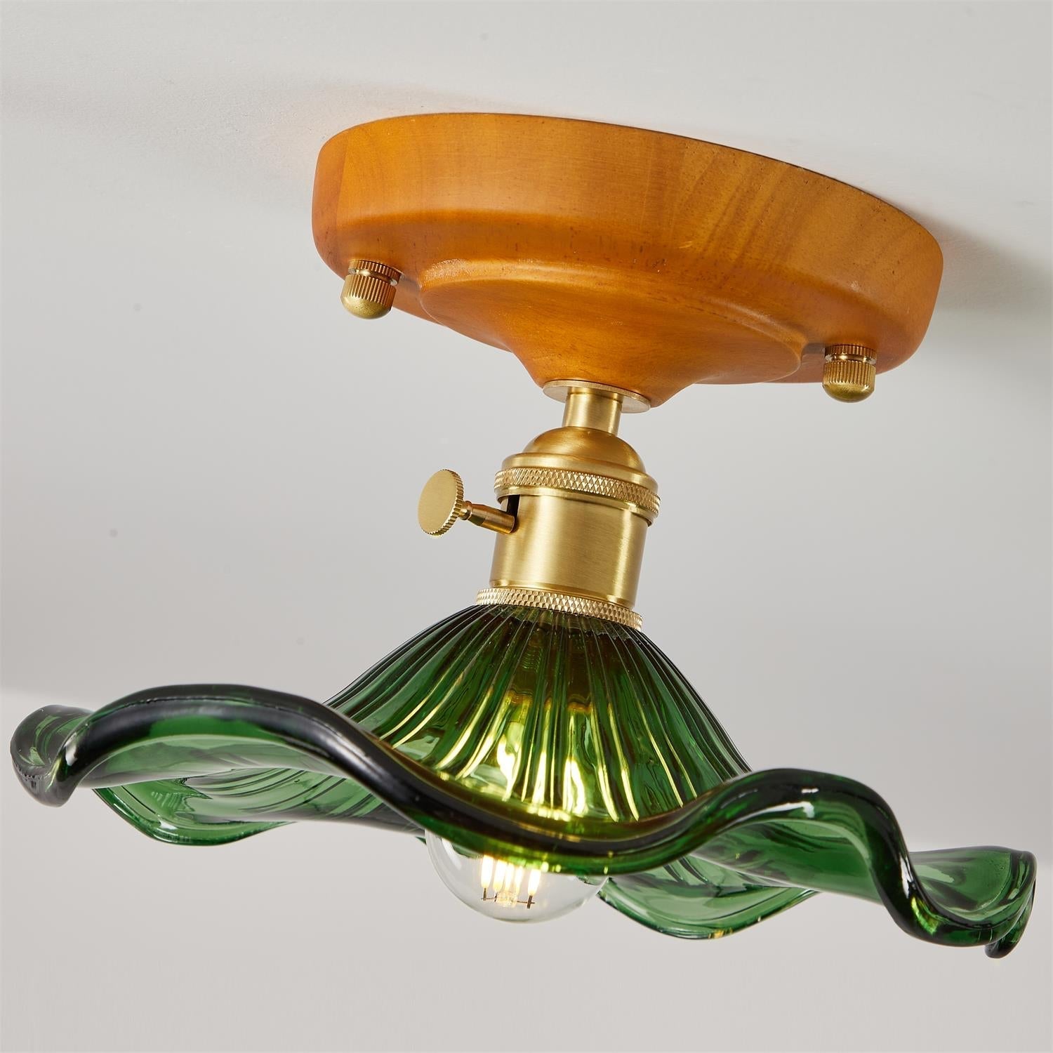 Ceiling Light Wood Canopy Brass & Glass Shade Vintage Floral Farmhouse