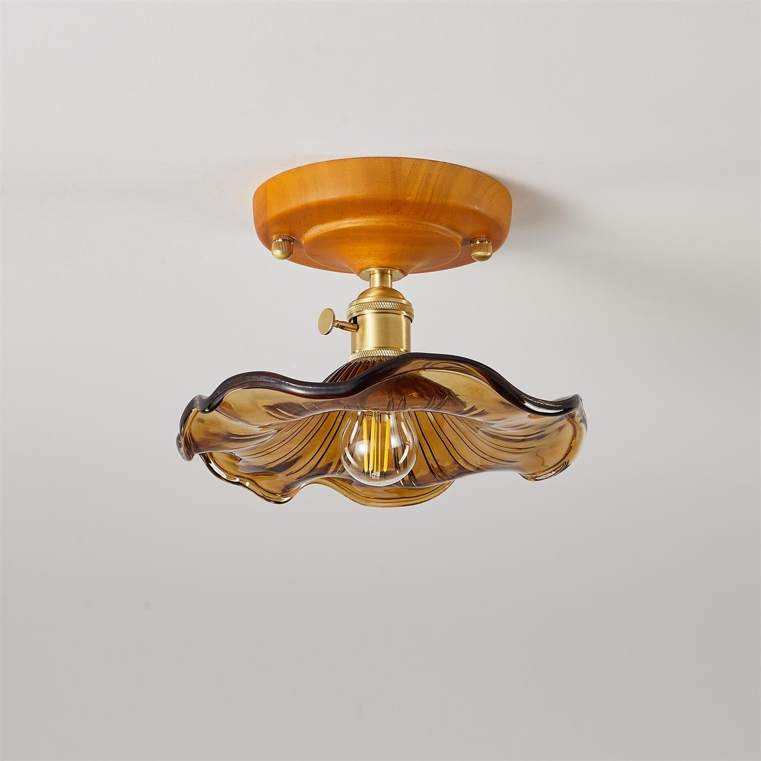 Ceiling Light Wood Canopy Brass & Glass Shade Vintage Floral Farmhouse
