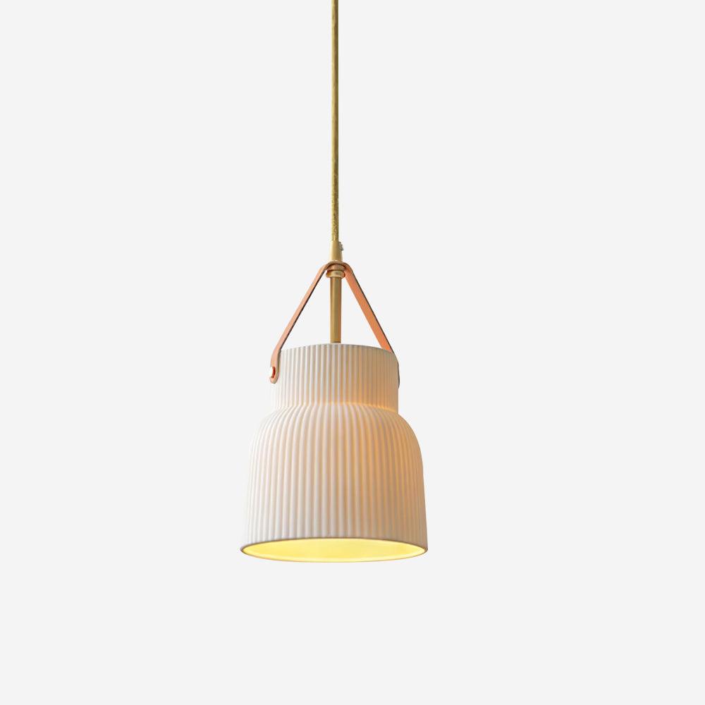 Pendant Lamp Ceramic Ribbed Shade Brass Leather Strap Modern