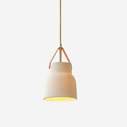 Pendant Lamp Ceramic Ribbed Shade Brass Leather Strap Modern