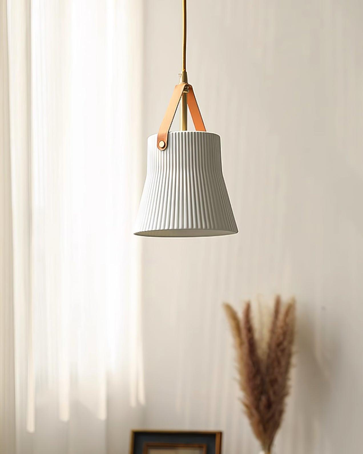 Pendant Lamp Ceramic Ribbed Shade Brass Leather Strap Modern