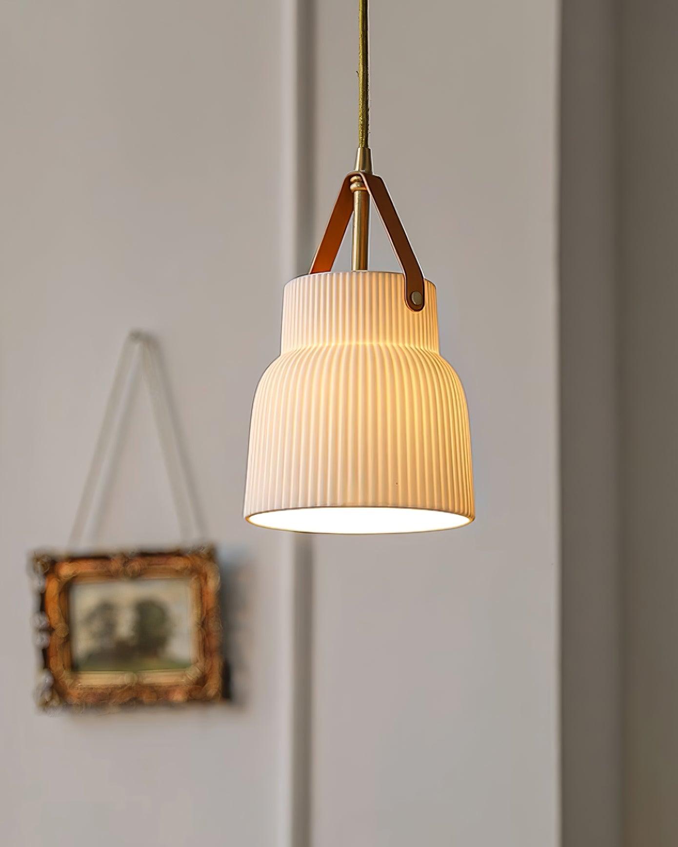 Pendant Lamp Ceramic Ribbed Shade Brass Leather Strap Modern