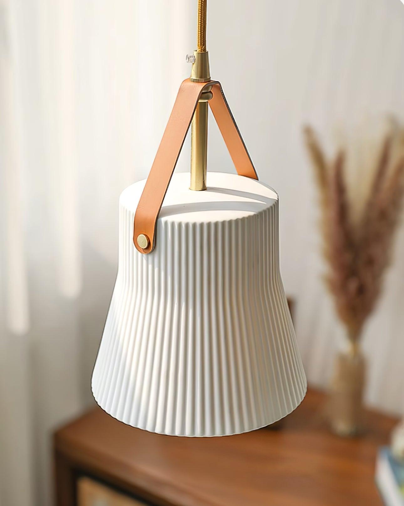 Pendant Lamp Ceramic Ribbed Shade Brass Leather Strap Modern