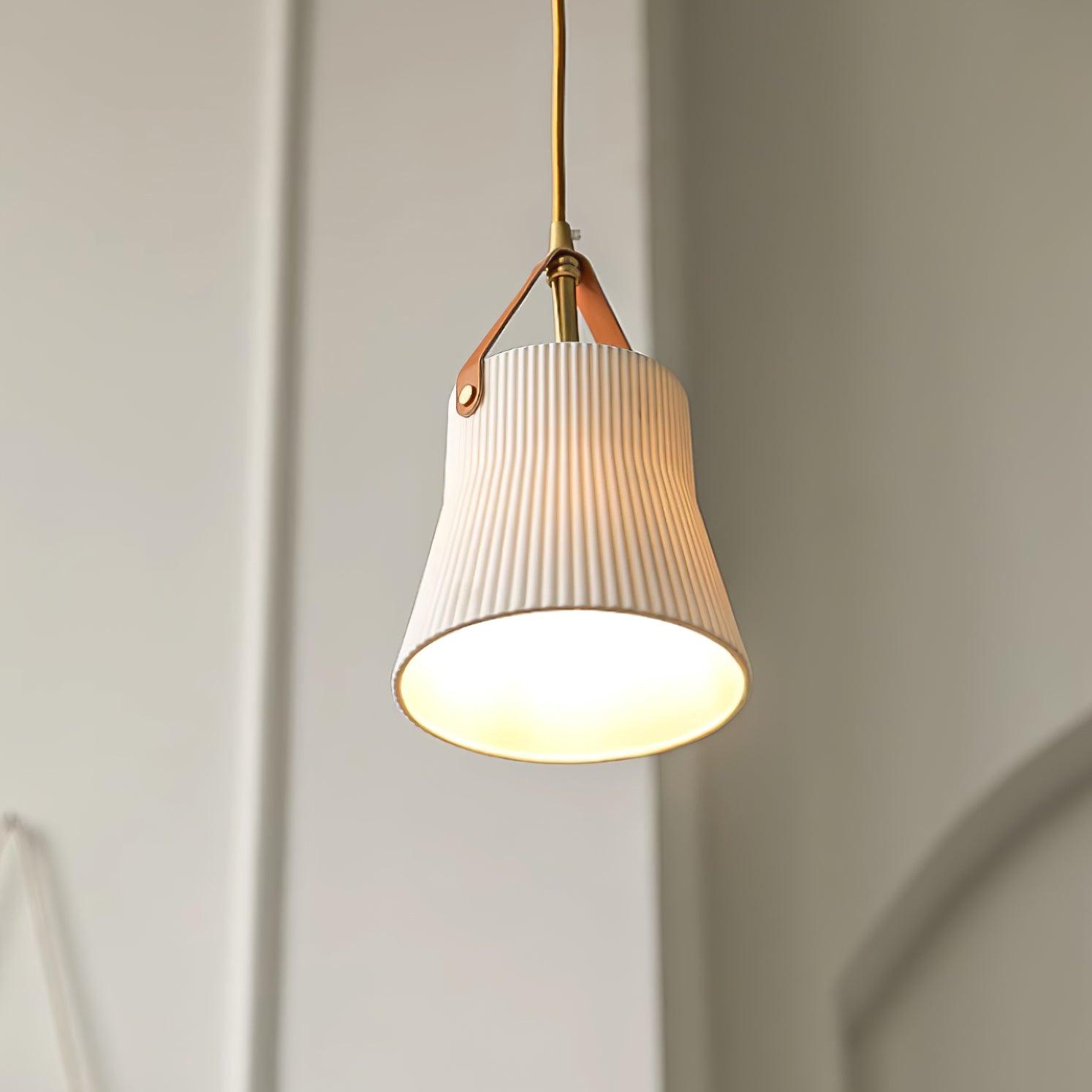 Pendant Lamp Ceramic Ribbed Shade Brass Leather Strap Modern
