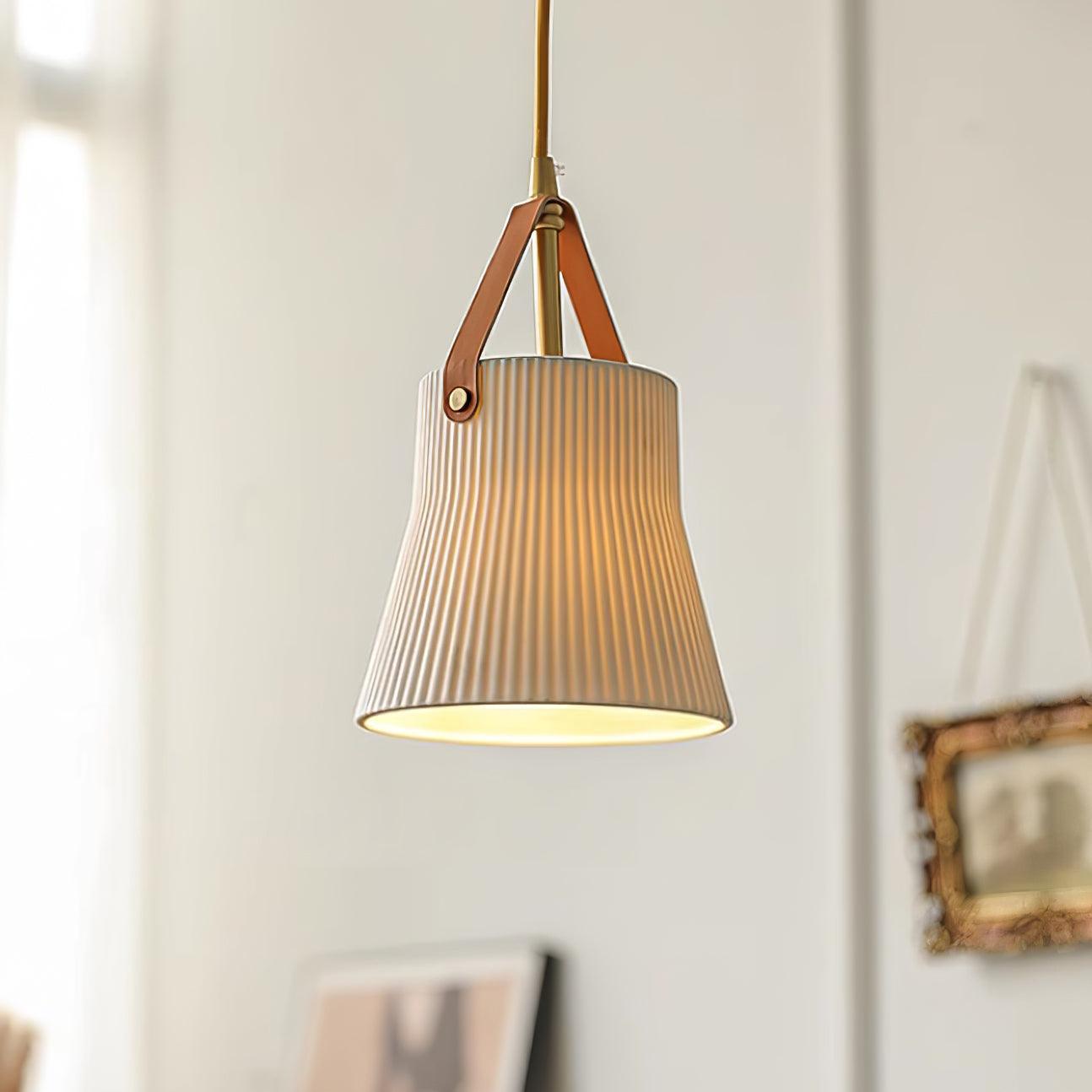 Pendant Lamp Ceramic Ribbed Shade Brass Leather Strap Modern