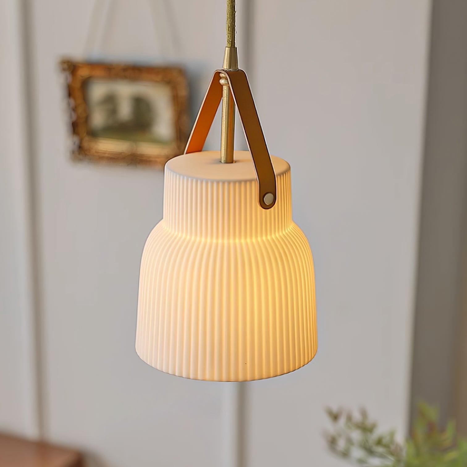 Pendant Lamp Ceramic Ribbed Shade Brass Leather Strap Modern