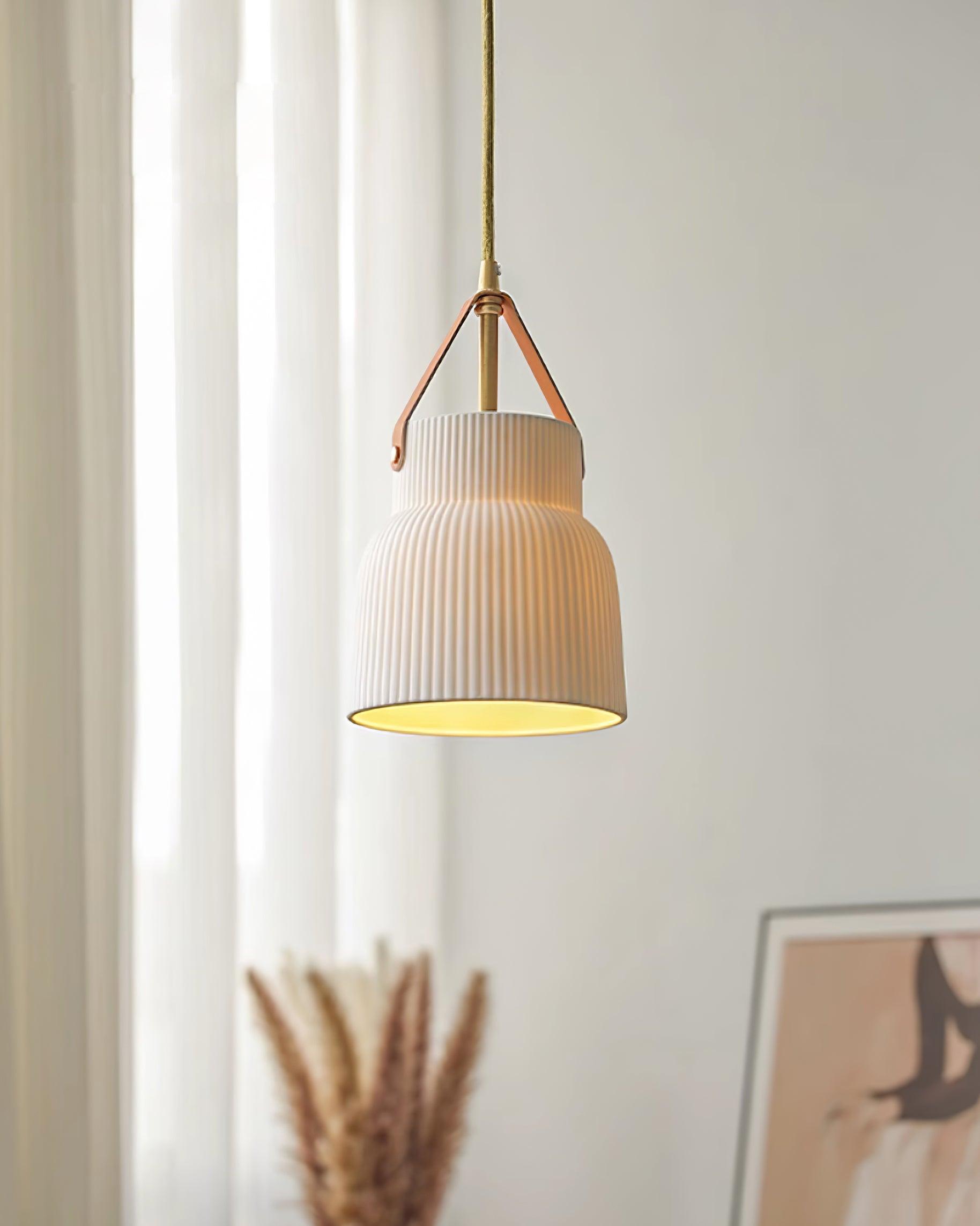 Pendant Lamp Ceramic Ribbed Shade Brass Leather Strap Modern