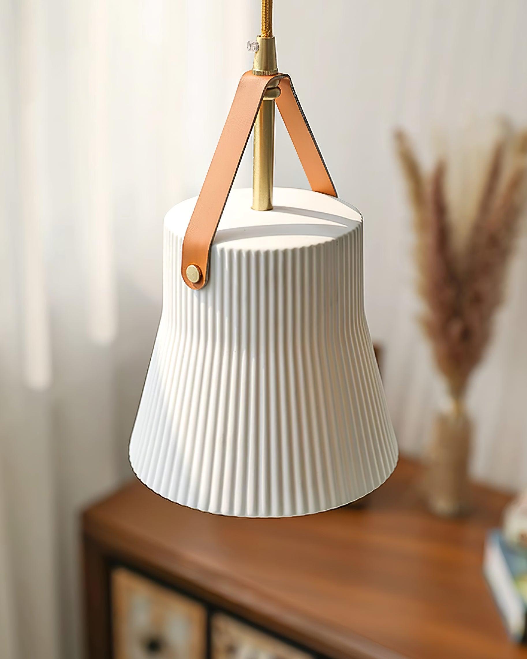 Pendant Lamp Ceramic Ribbed Shade Brass Leather Strap Modern