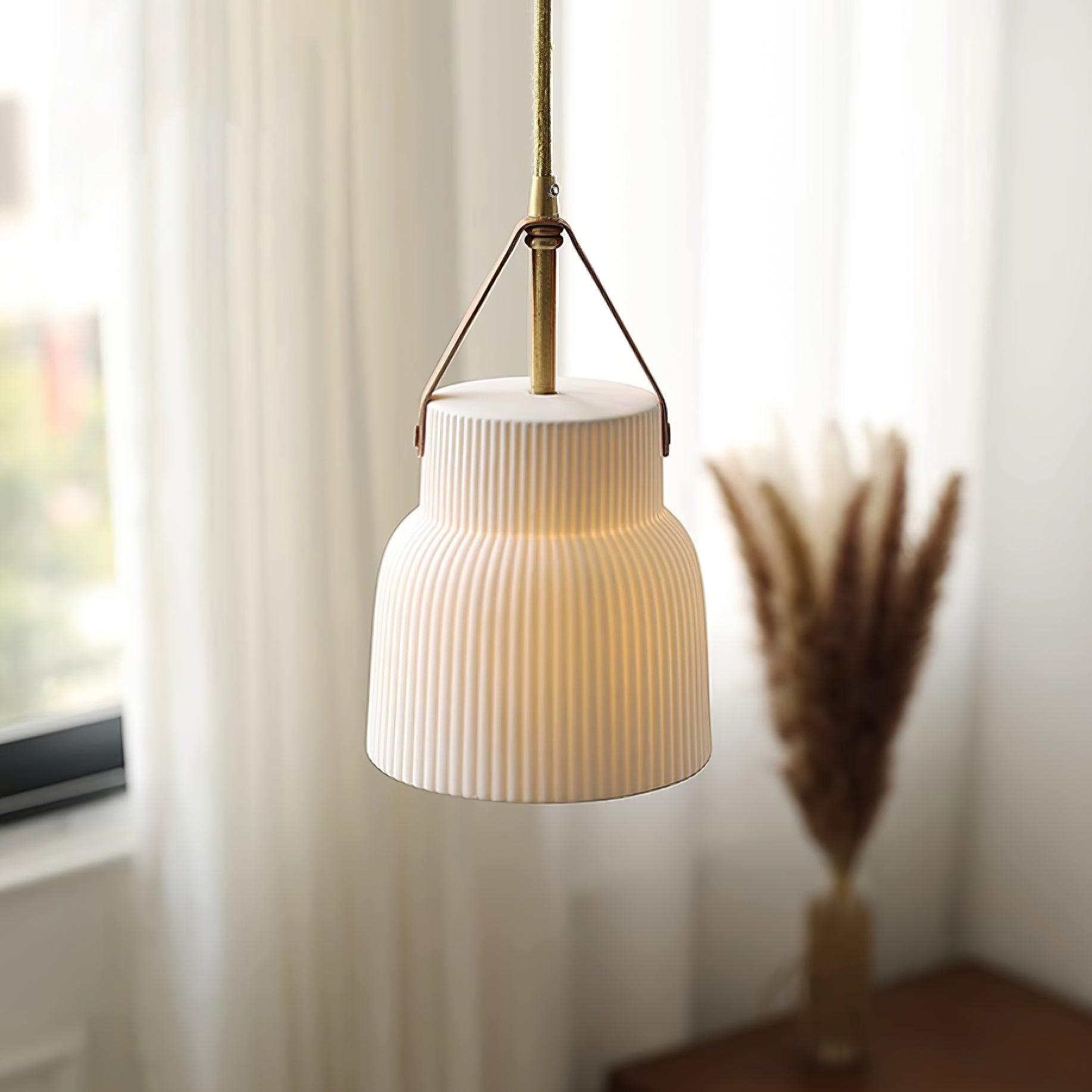 Pendant Lamp Ceramic Ribbed Shade Brass Leather Strap Modern