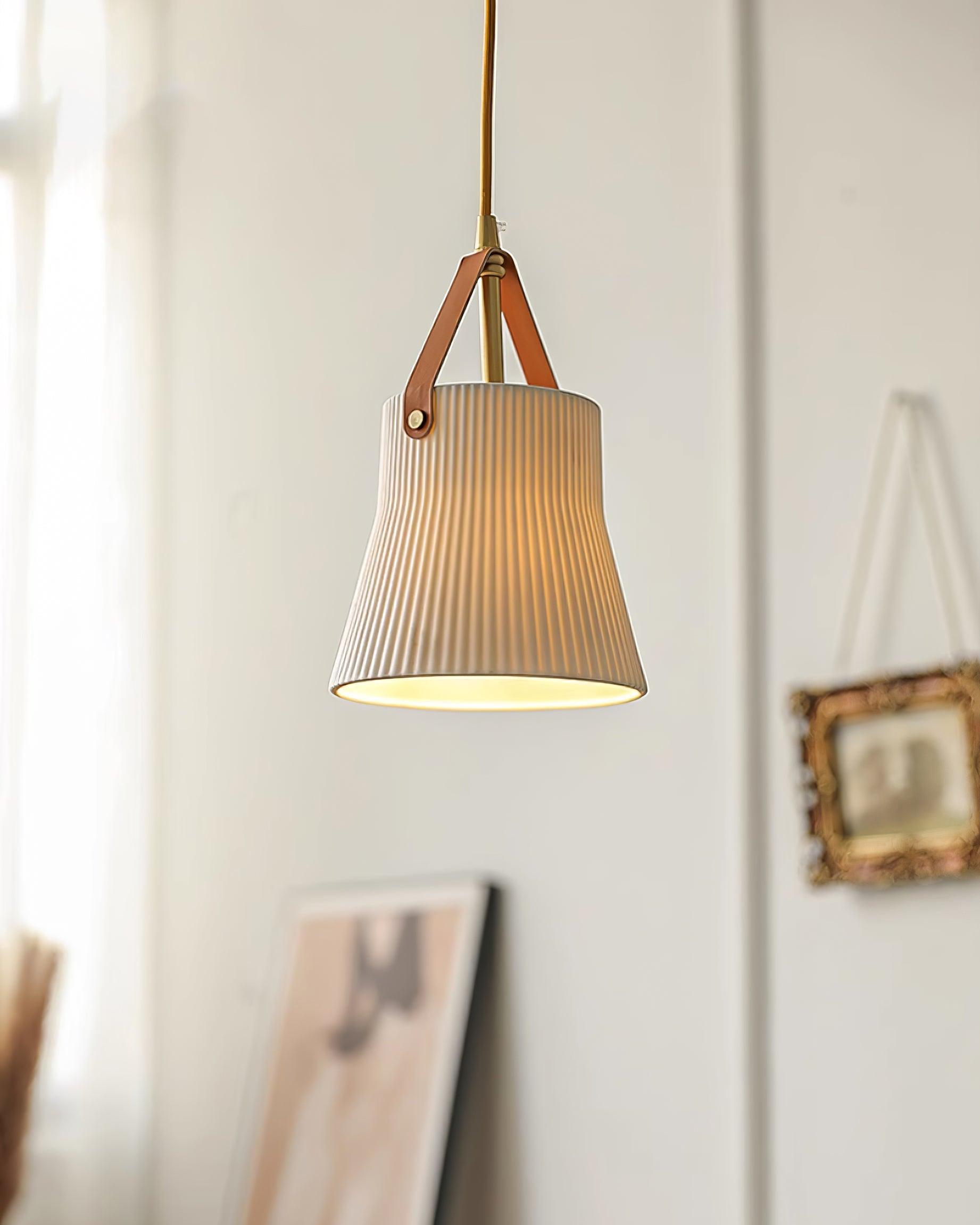 Pendant Lamp Ceramic Ribbed Shade Brass Leather Strap Modern