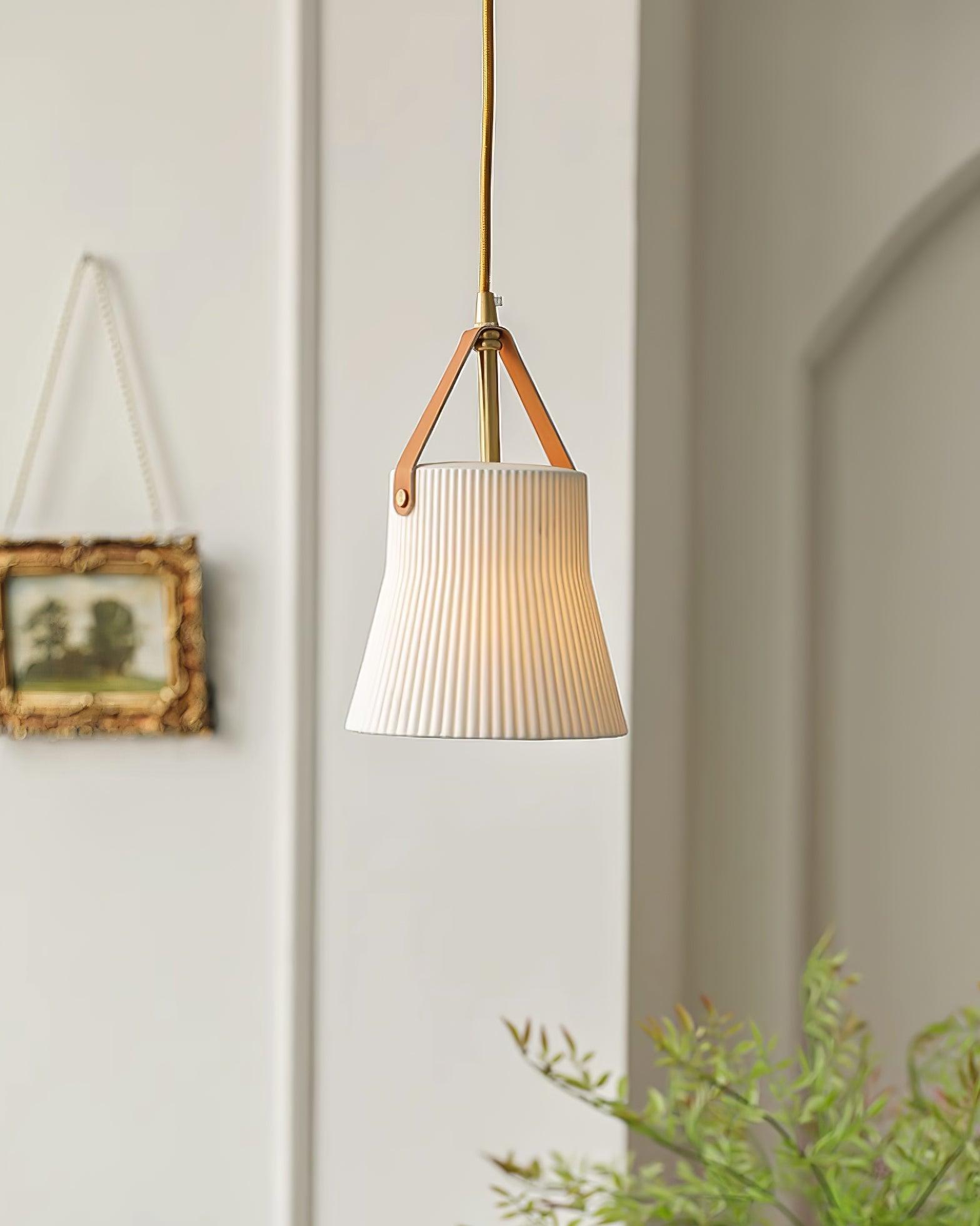 Pendant Lamp Ceramic Ribbed Shade Brass Leather Strap Modern
