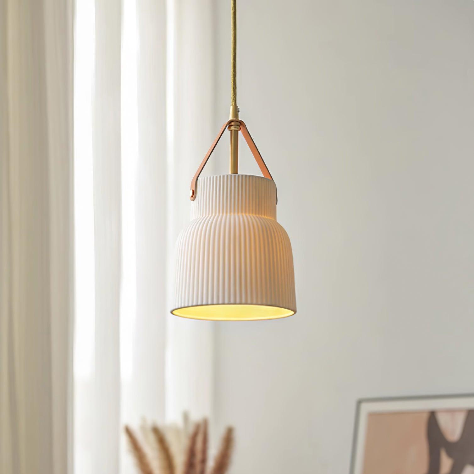 Pendant Lamp Ceramic Ribbed Shade Brass Leather Strap Modern