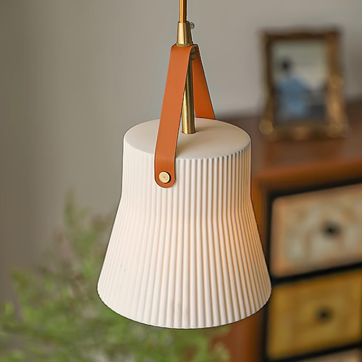Pendant Lamp Ceramic Ribbed Shade Brass Leather Strap Modern