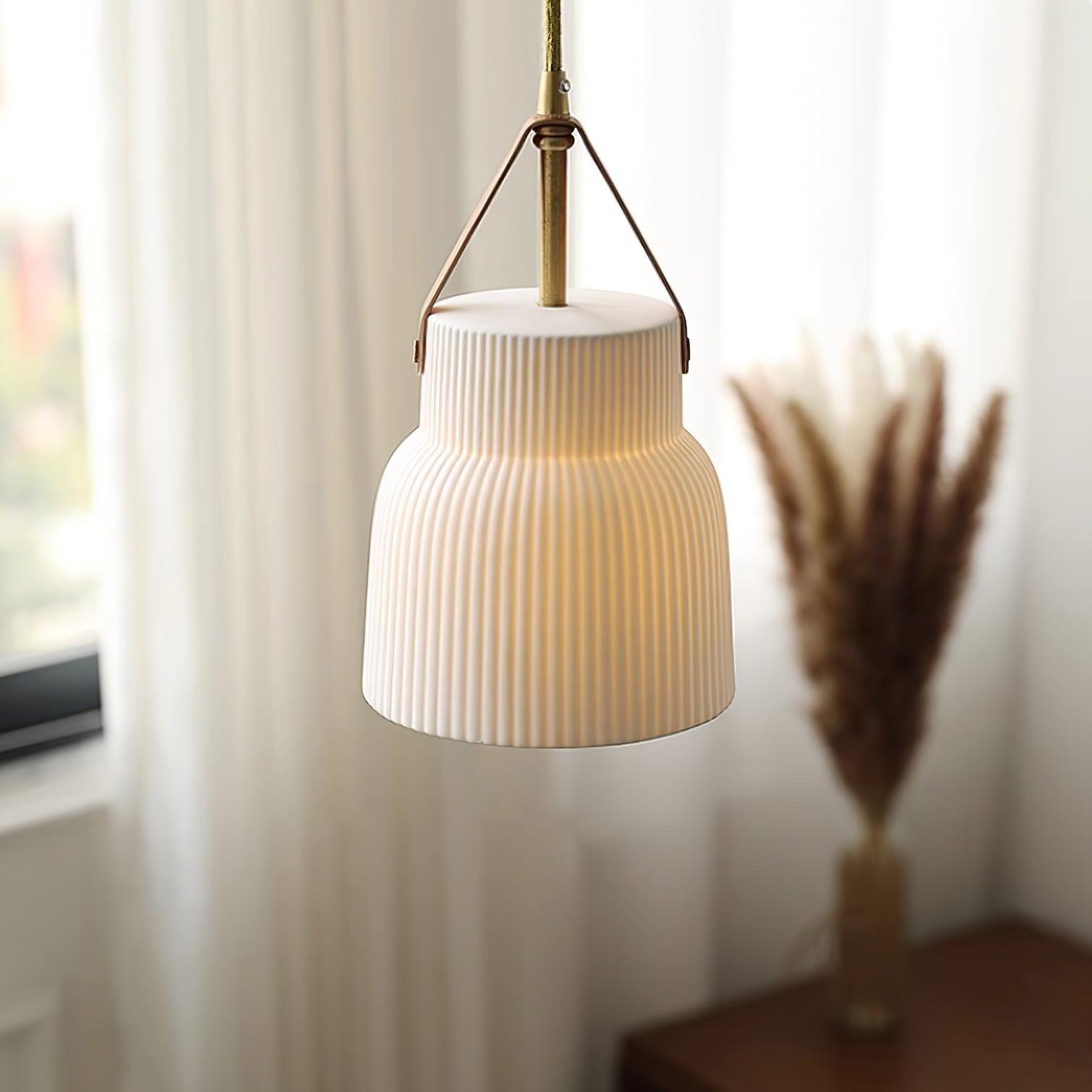 Pendant Lamp Ceramic Ribbed Shade Brass Leather Strap Modern