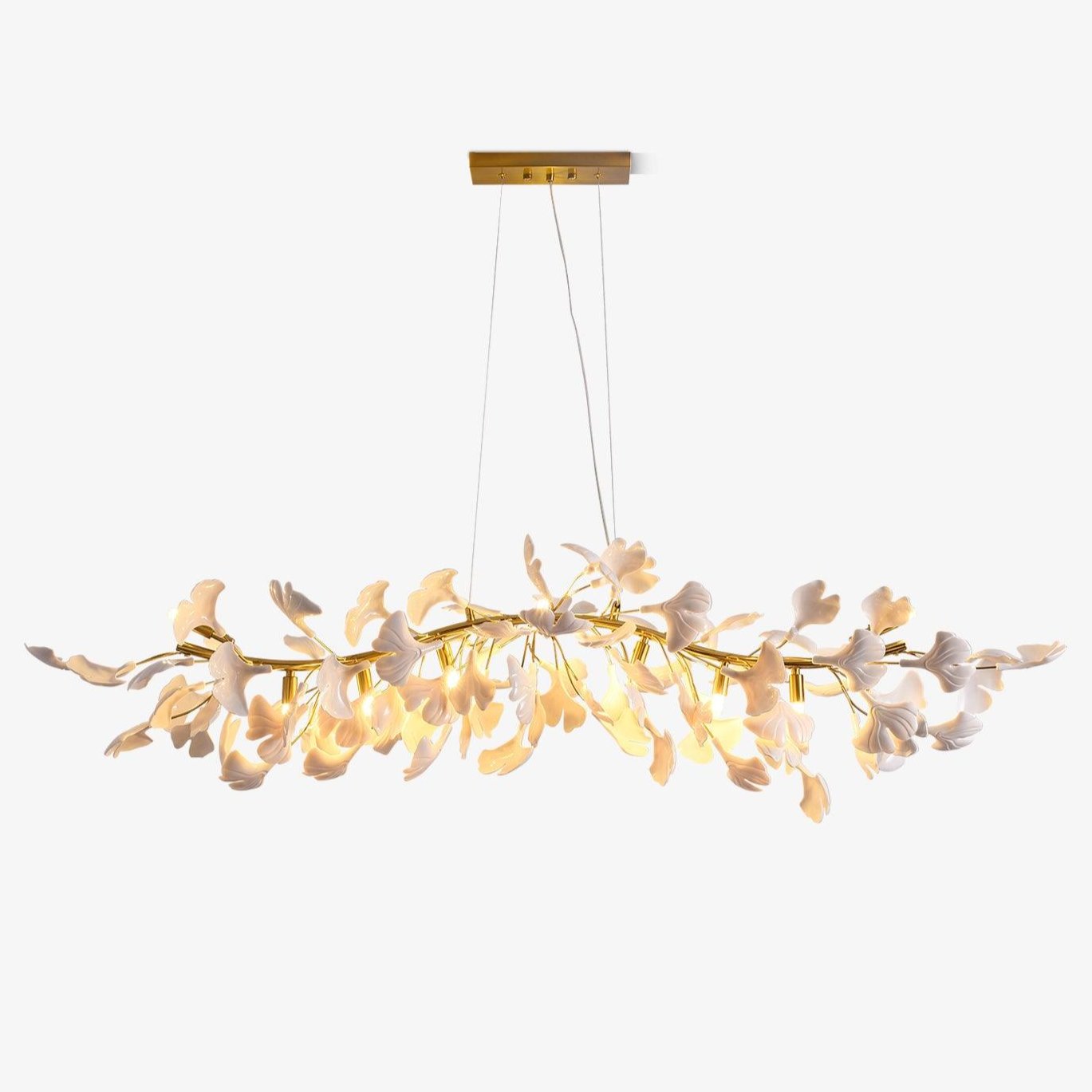 Dylo Chandelier Brass Linear Ginkgo Ceramic Petal Branch-Neutral Decor
