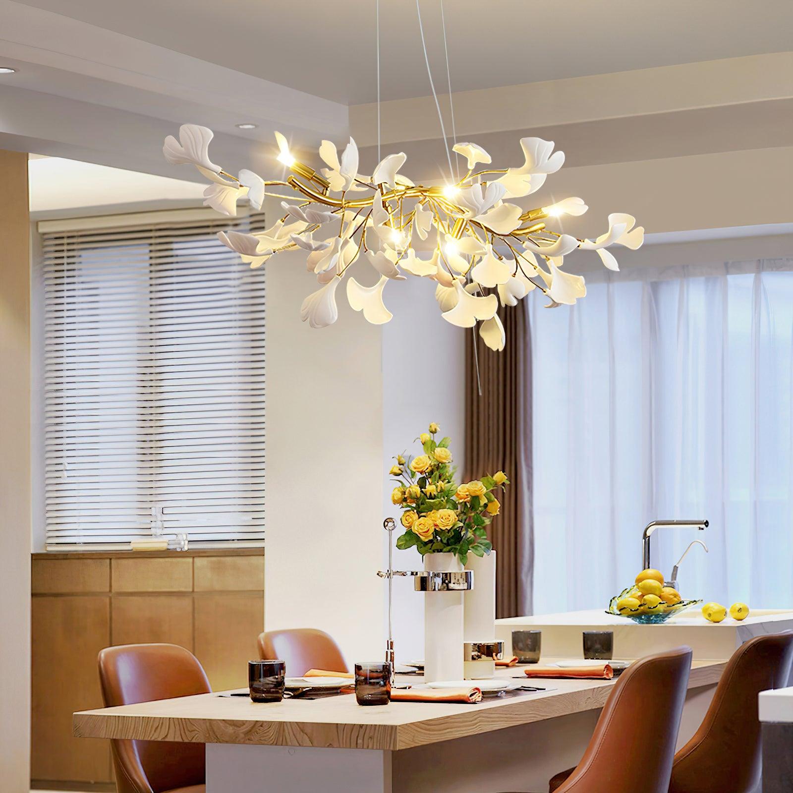 Dylo Chandelier Brass Linear Ginkgo Ceramic Petal Branch-Neutral Decor