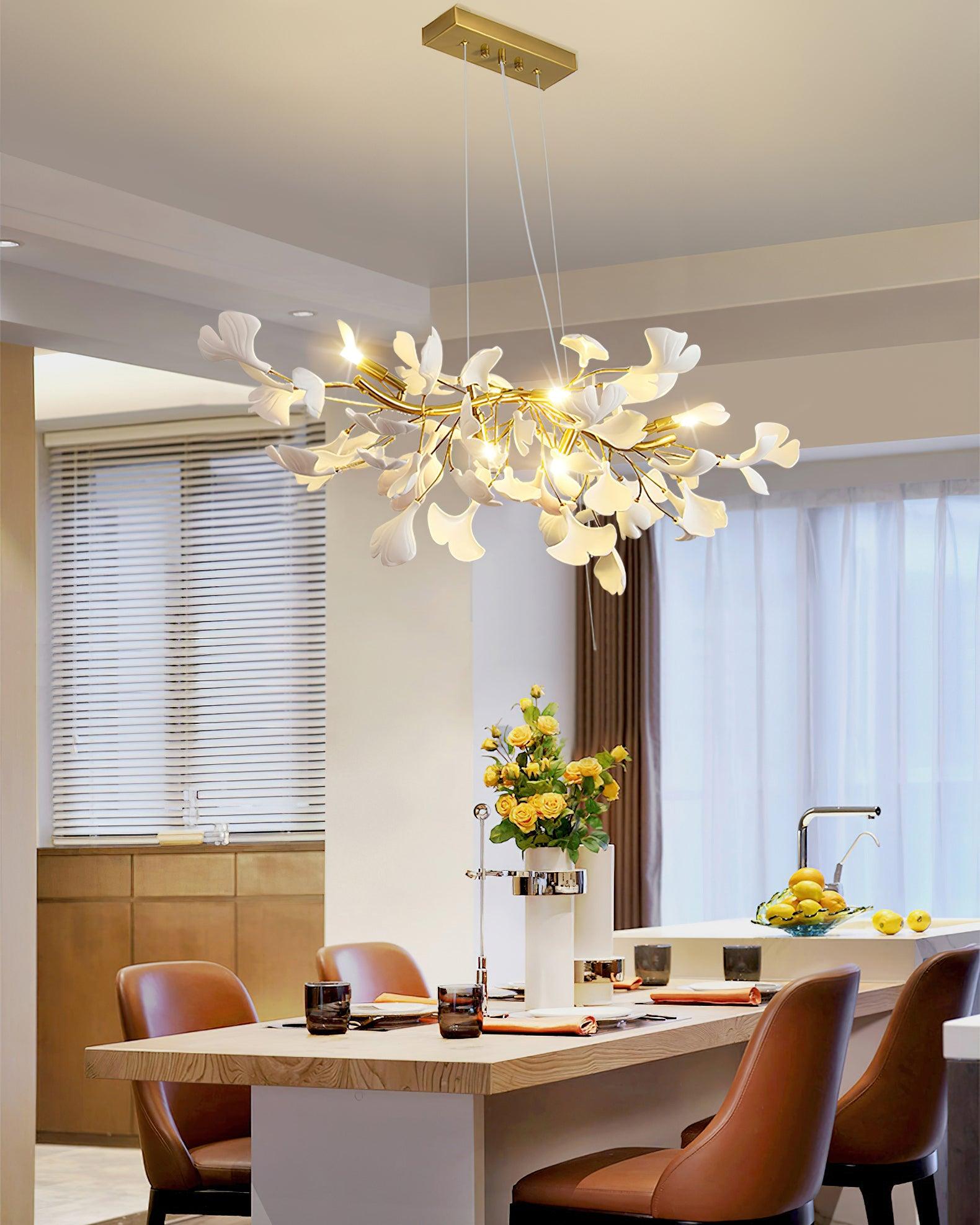Dylo Chandelier Brass Linear Ginkgo Ceramic Petal Branch-Neutral Decor