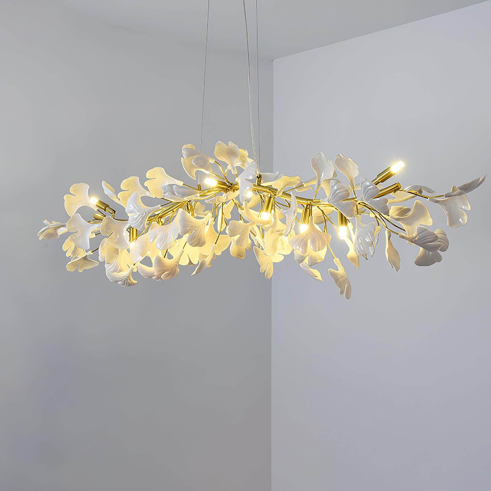 Dylo Chandelier Brass Linear Ginkgo Ceramic Petal Branch-Neutral Decor