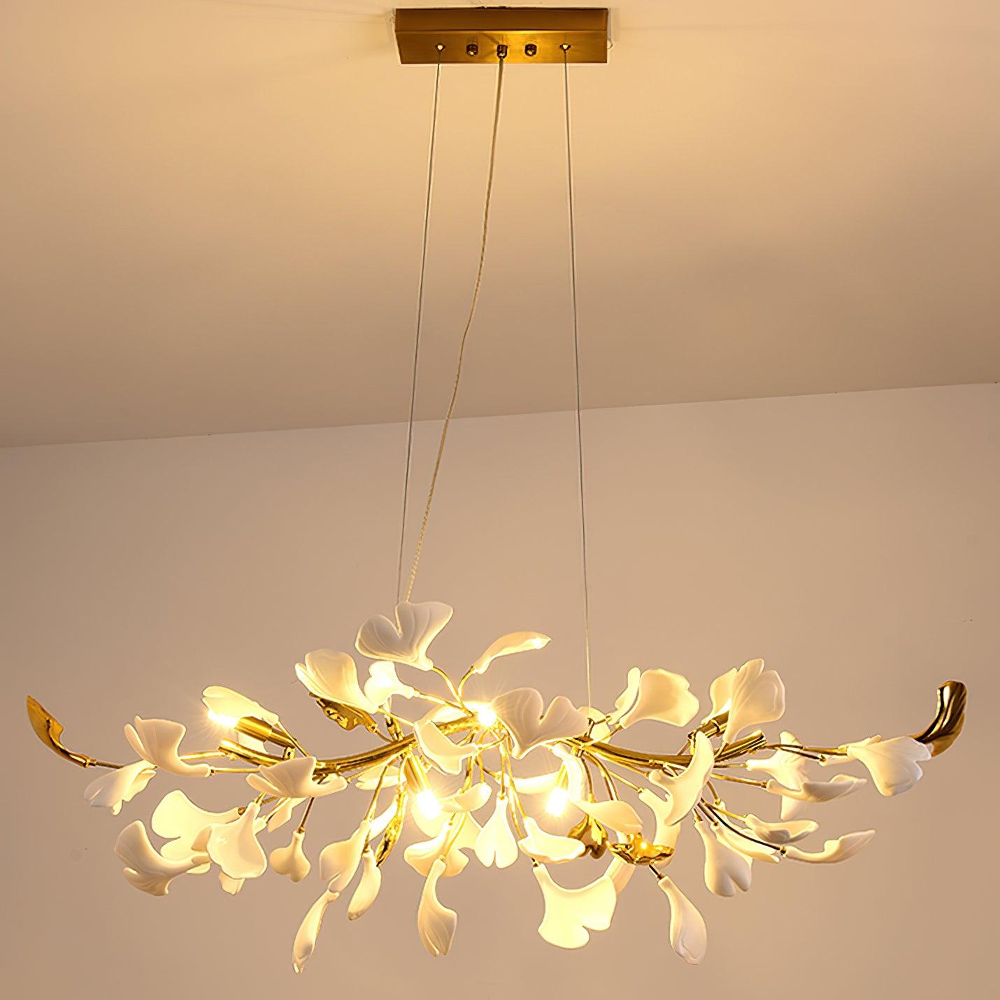 Dylo Chandelier Brass Linear Ginkgo Ceramic Petal Branch-Neutral Decor