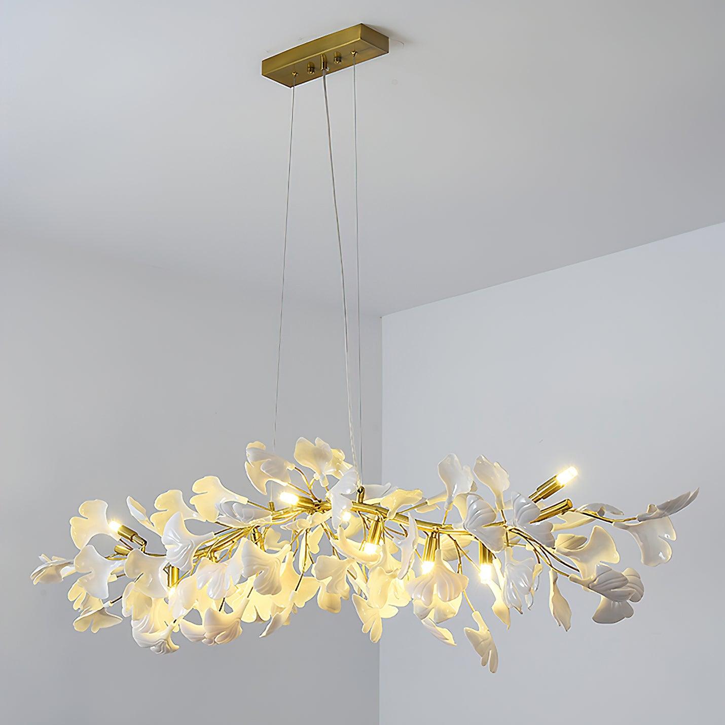 Dylo Chandelier Brass Linear Ginkgo Ceramic Petal Branch-Neutral Decor