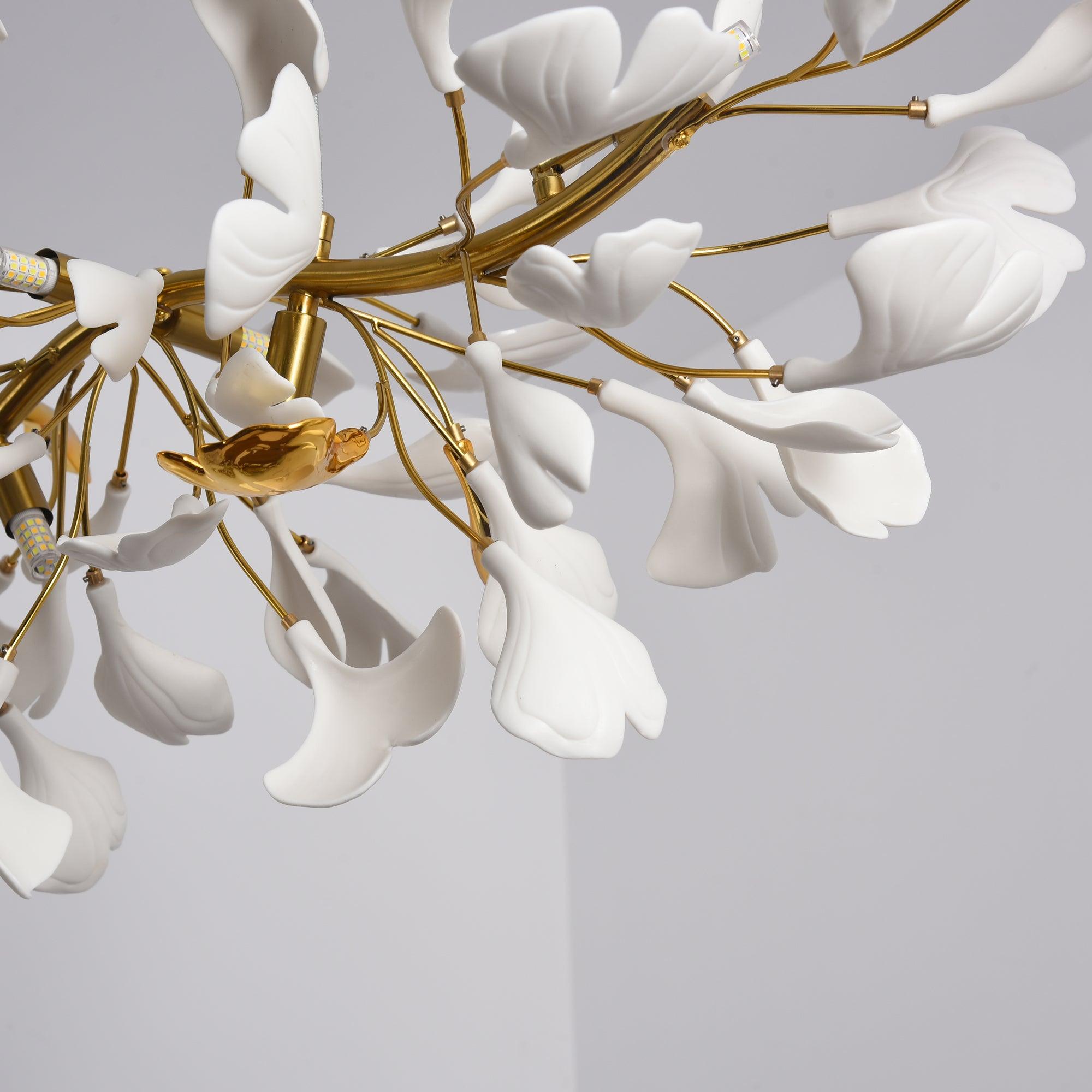 Dylo Chandelier Brass Linear Ginkgo Ceramic Petal Branch-Neutral Decor