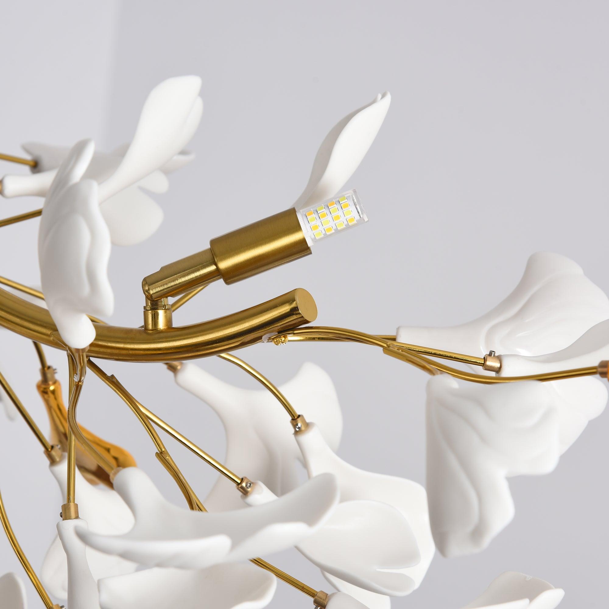 Dylo Chandelier Brass Linear Ginkgo Ceramic Petal Branch-Neutral Decor