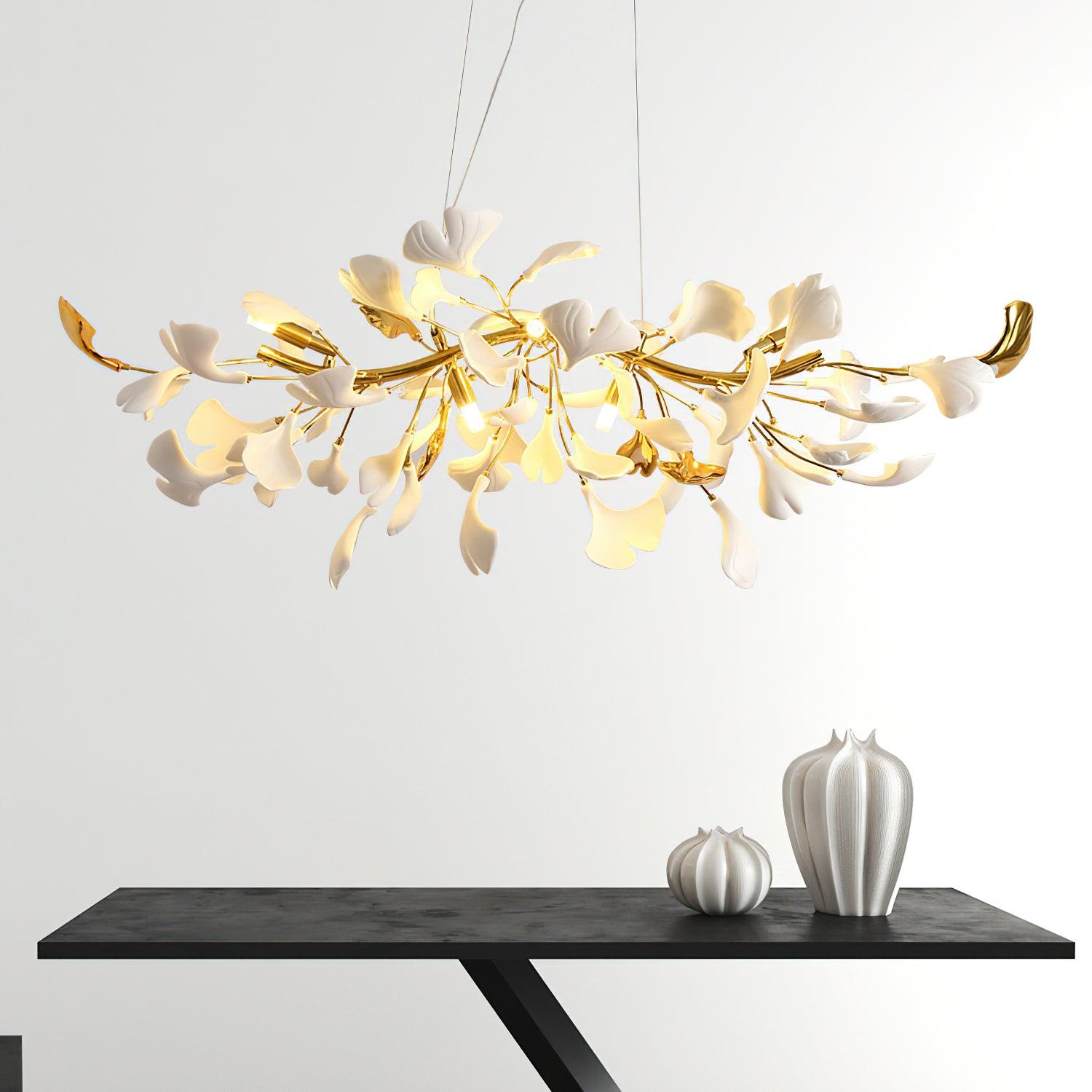 Dylo Chandelier Brass Linear Ginkgo Ceramic Petal Branch-Neutral Decor