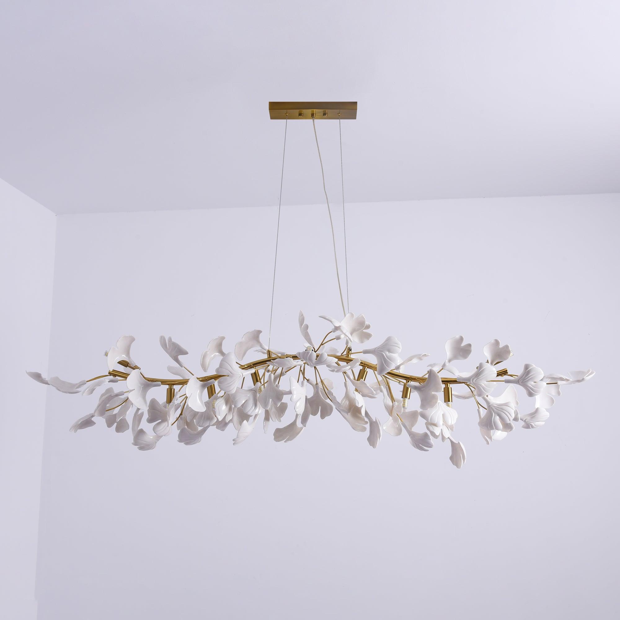 Dylo Chandelier Brass Linear Ginkgo Ceramic Petal Branch-Neutral Decor