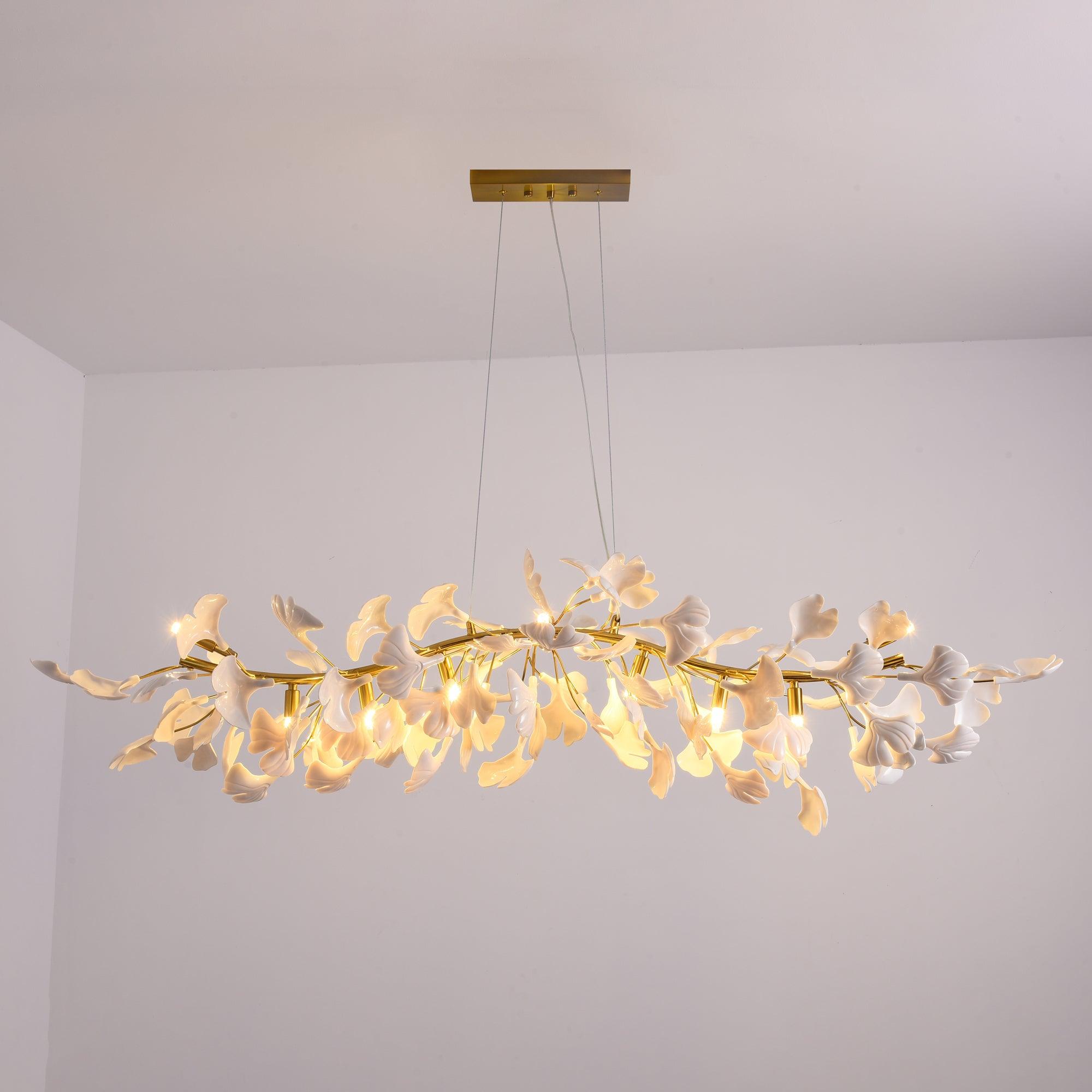 Dylo Chandelier Brass Linear Ginkgo Ceramic Petal Branch-Neutral Decor