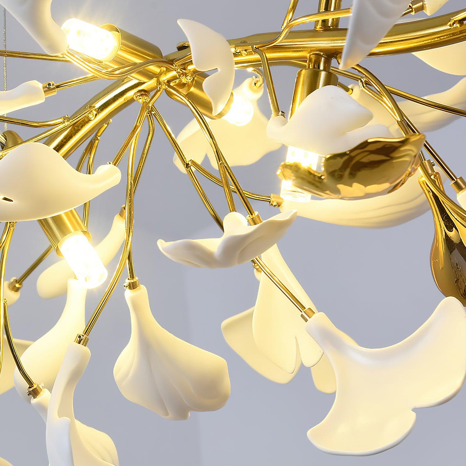 Dylo Chandelier Brass Linear Ginkgo Ceramic Petal Branch-Neutral Decor