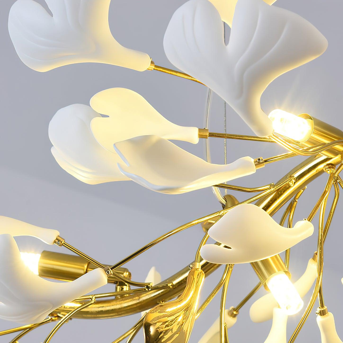 Dylo Chandelier Brass Linear Ginkgo Ceramic Petal Branch-Neutral Decor