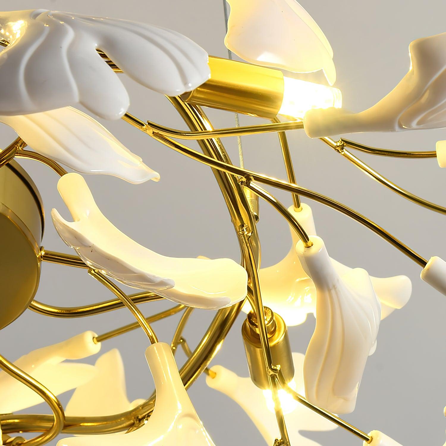 Dylo Chandelier Brass Linear Ginkgo Ceramic Petal Branch-Neutral Decor