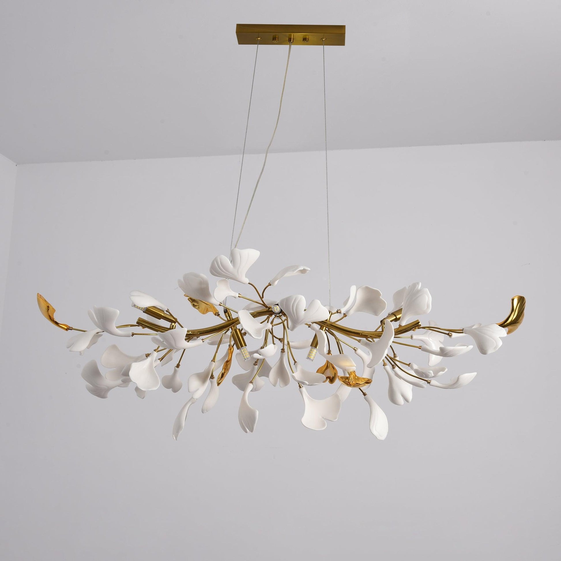 Dylo Chandelier Brass Linear Ginkgo Ceramic Petal Branch-Neutral Decor
