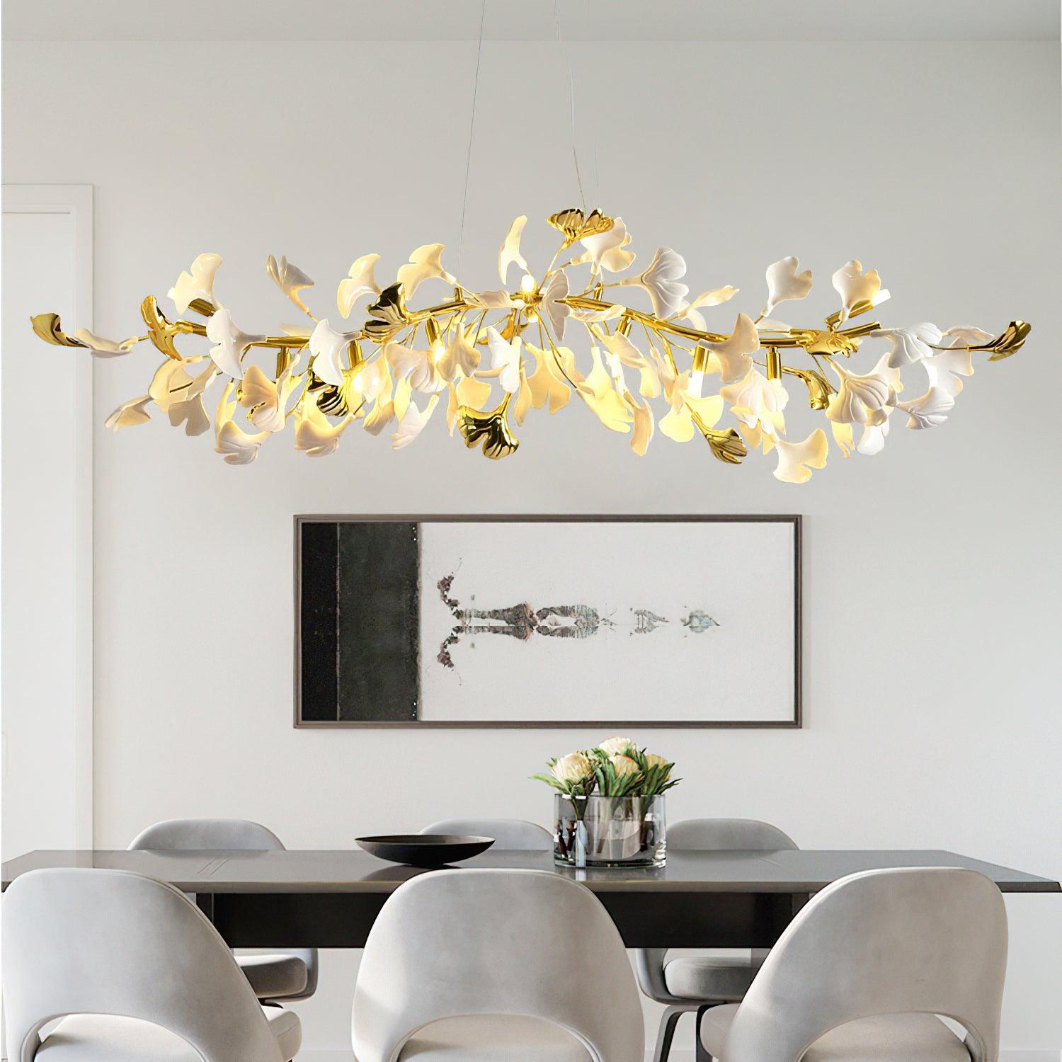 Dylo Chandelier Brass Linear Ginkgo Ceramic Petal Branch-Neutral Decor