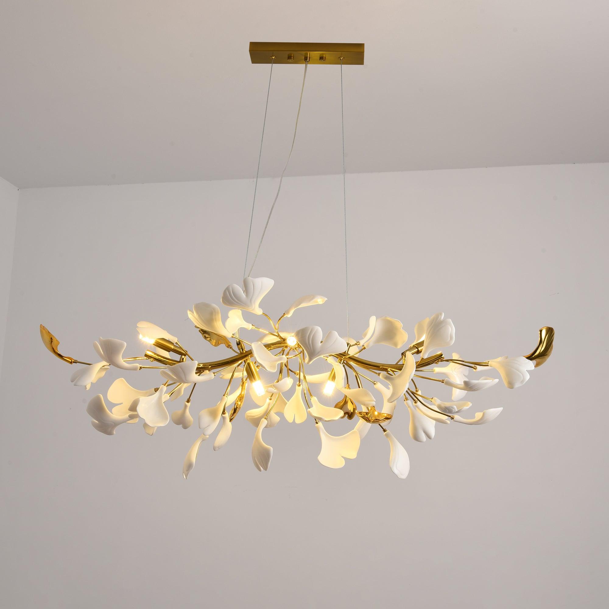 Dylo Chandelier Brass Linear Ginkgo Ceramic Petal Branch-Neutral Decor