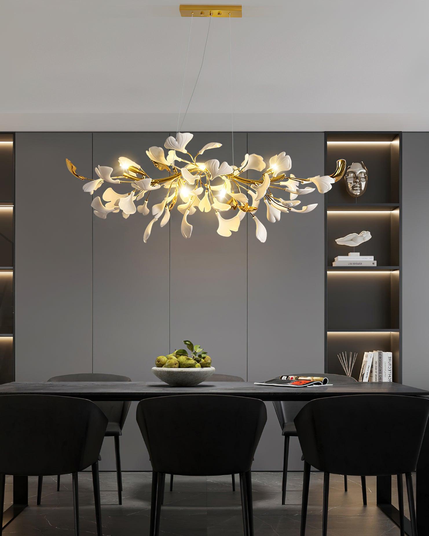 Dylo Chandelier Brass Linear Ginkgo Ceramic Petal Branch-Neutral Decor