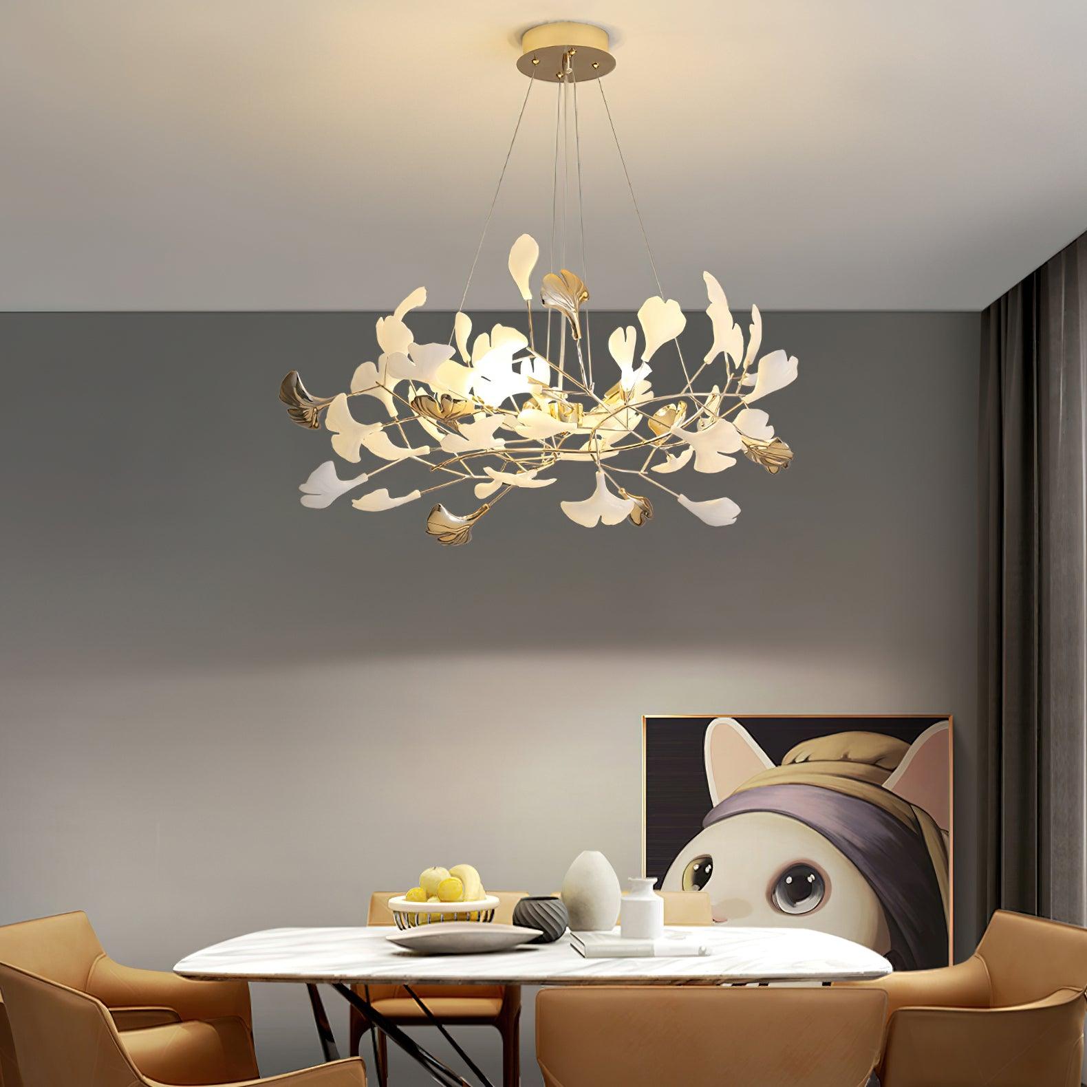 Lustra Chandelier Gingko Ceramic Leaves Iron Frame-Neutral Decor