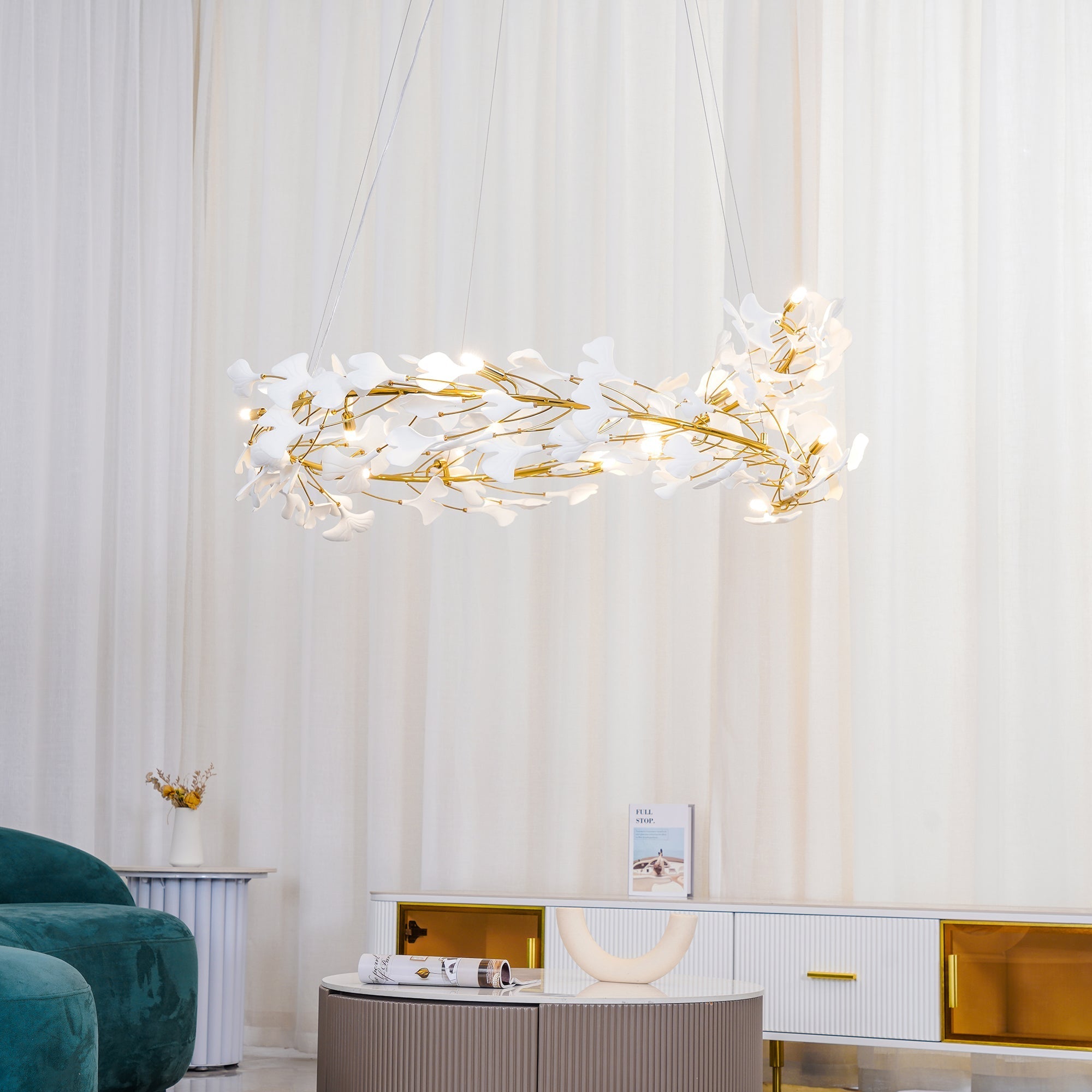 Umberis Pendant Lamp Gingko Porcelain Leaves Gold-Neutral Decor