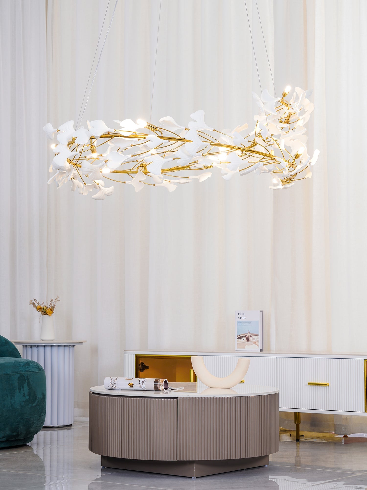 Umberis Pendant Lamp Gingko Porcelain Leaves Gold-Neutral Decor