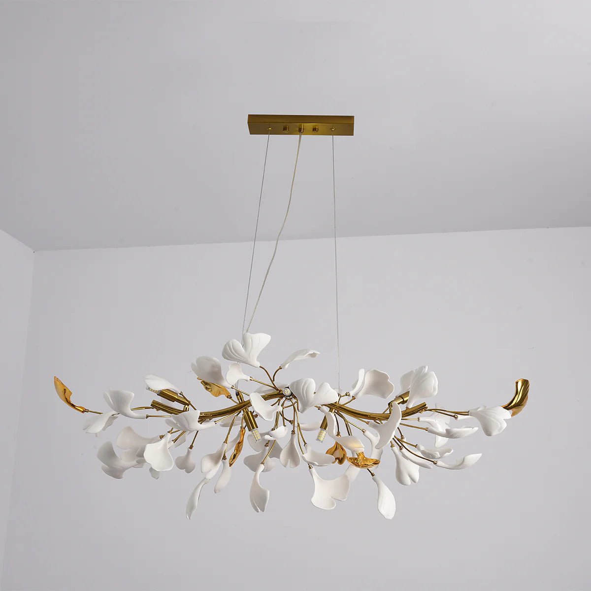 Dylo Chandelier Brass Linear Ginkgo Ceramic Petal Branch-Neutral Decor