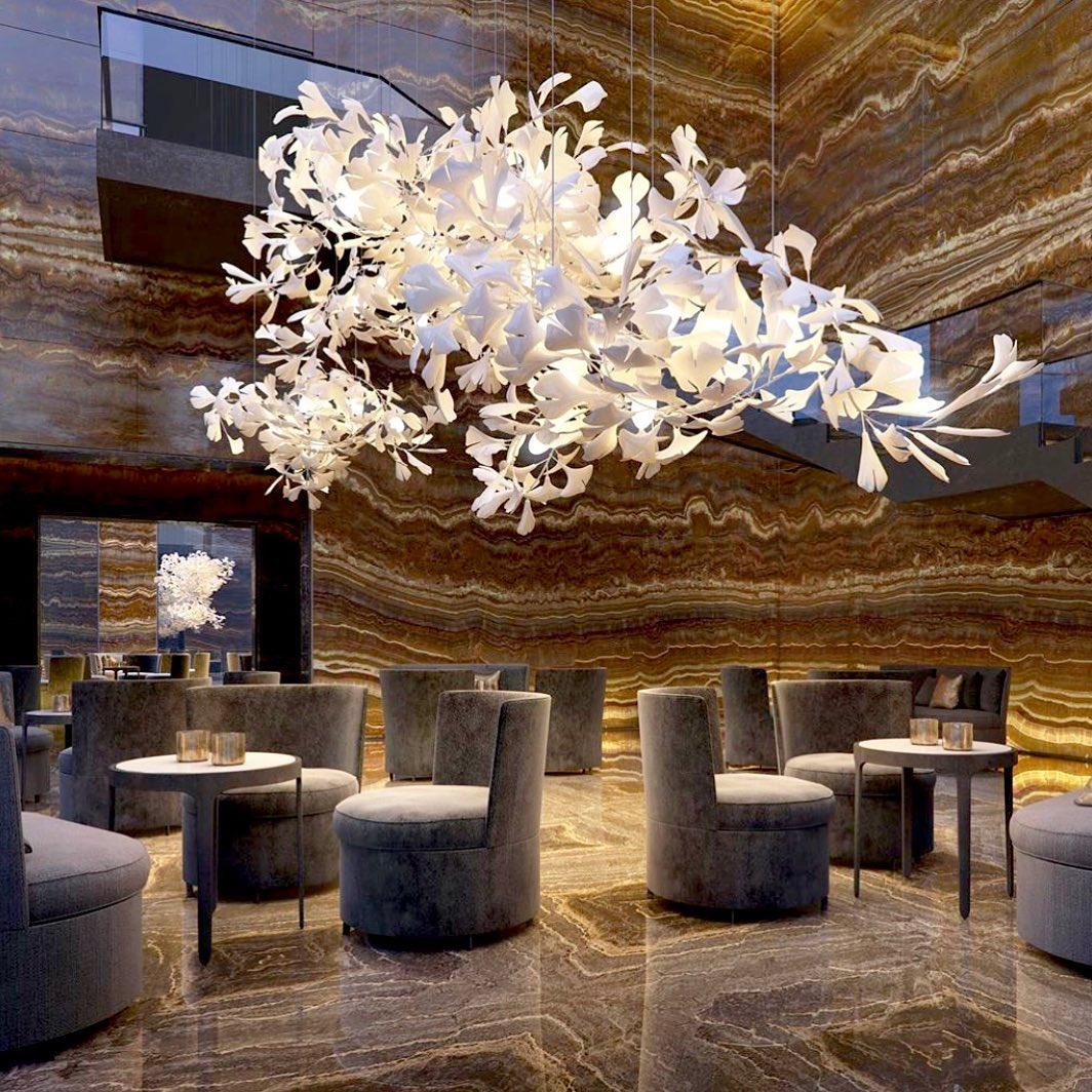 Chandelier White Ceramic Ginkgo Petals Gold