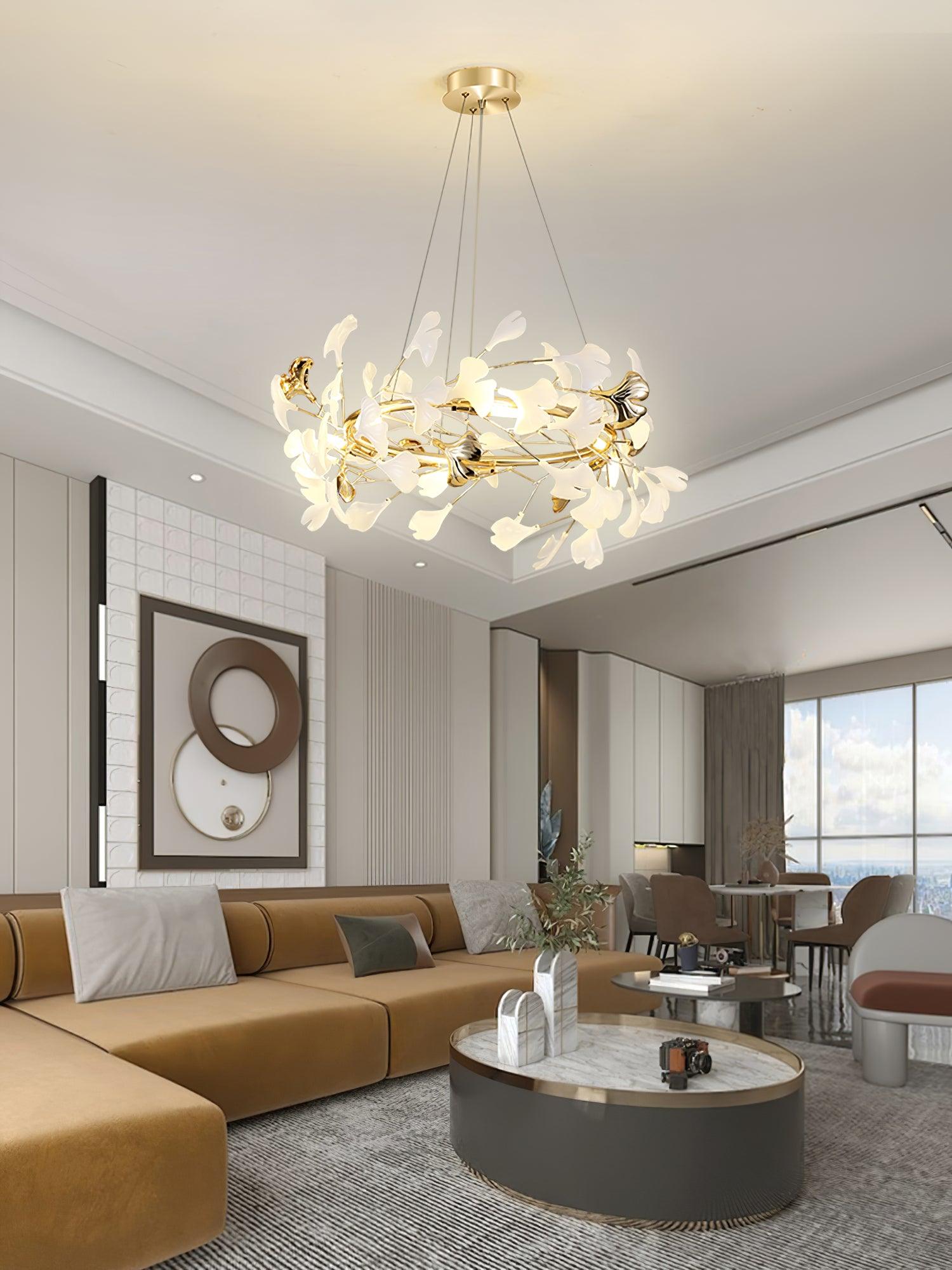 Umberis Pendant Lamp Gingko Porcelain Leaves Gold-Neutral Decor