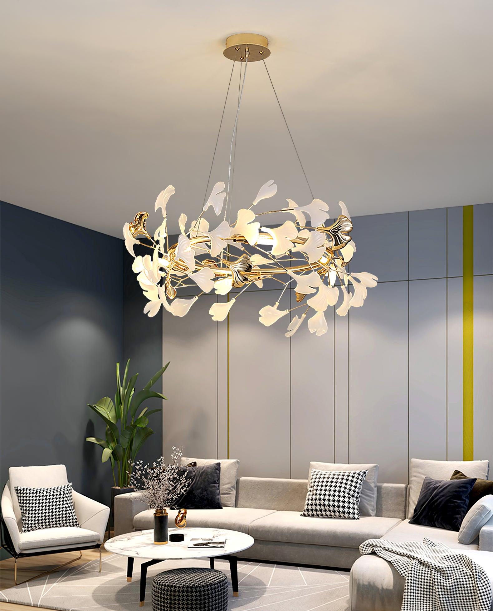 Umberis Pendant Lamp Gingko Porcelain Leaves Gold-Neutral Decor