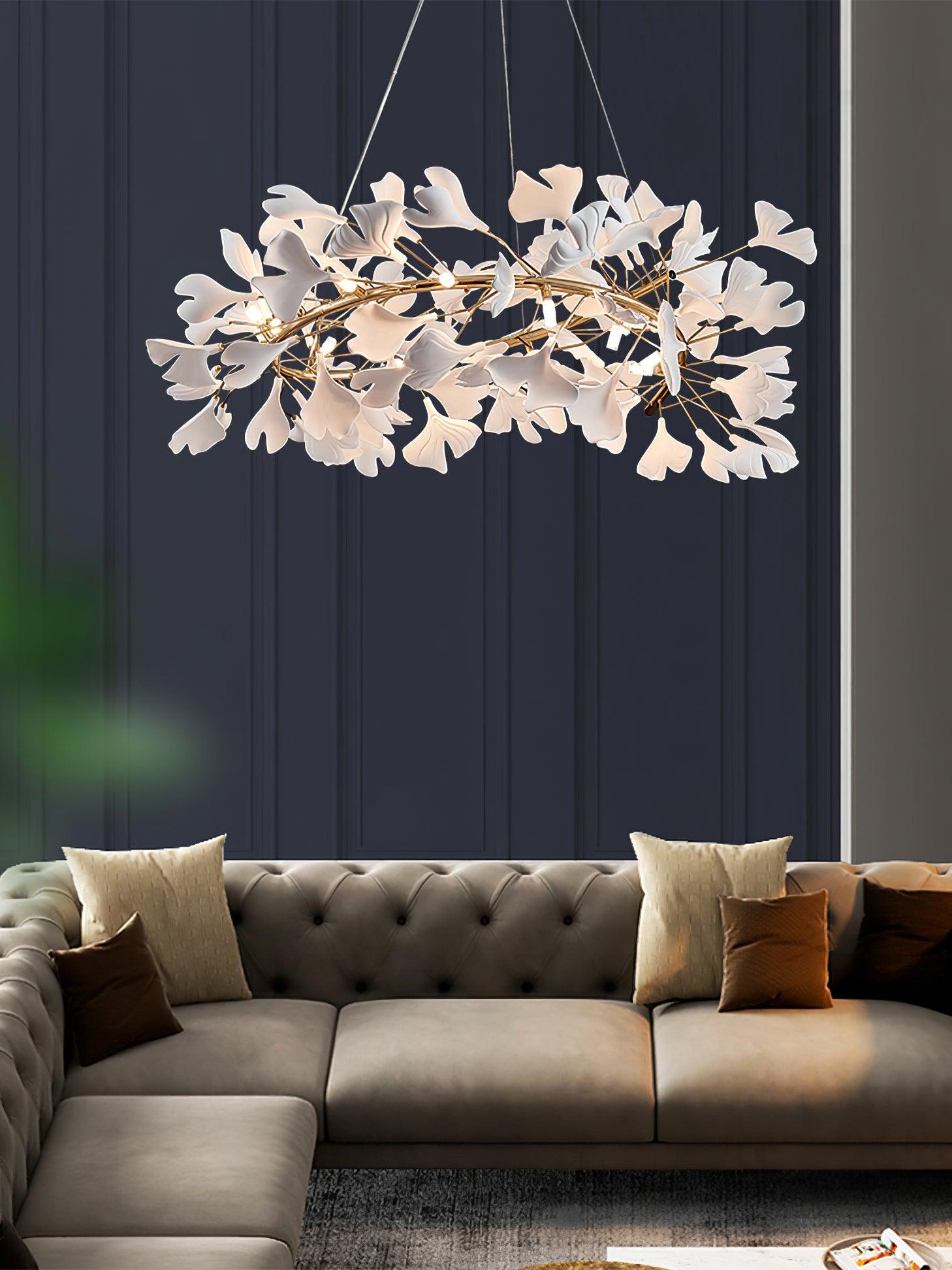 Umberis Pendant Lamp Gingko Porcelain Leaves Gold-Neutral Decor