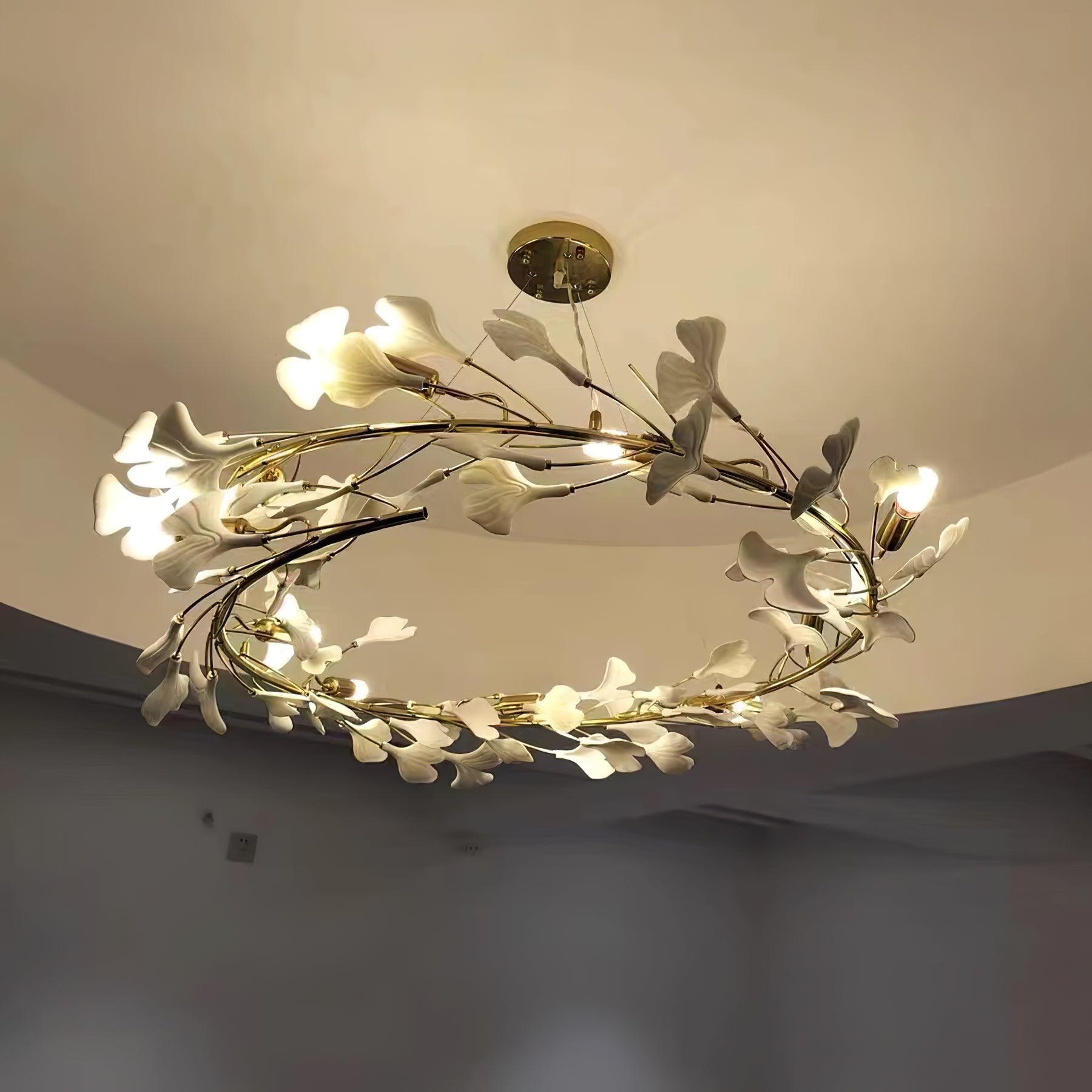 Umberis Pendant Lamp Gingko Porcelain Leaves Gold-Neutral Decor
