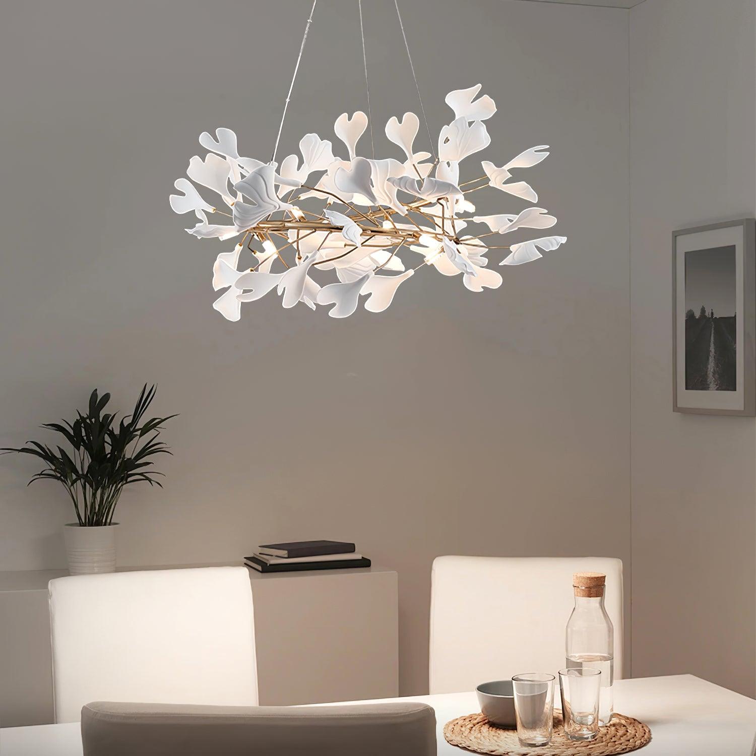 Umberis Pendant Lamp Gingko Porcelain Leaves Gold-Neutral Decor